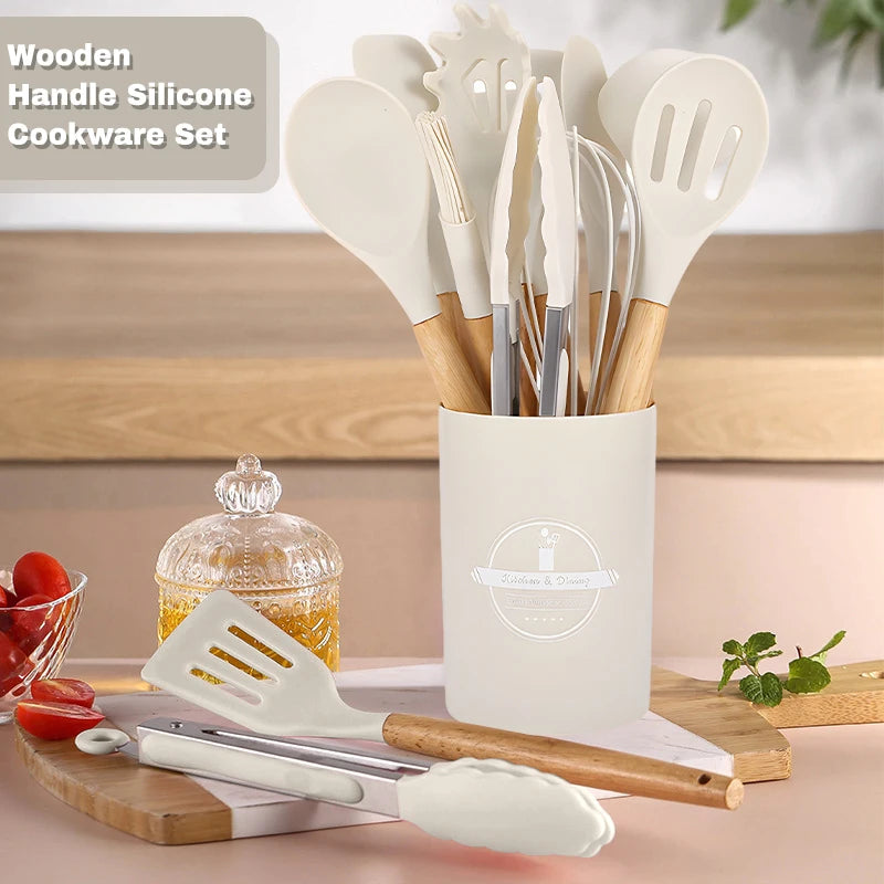 12 Piece Silicone Kitchenware Cooking Utensils Set Non Stick Cookware Spatula Shovel Egg Beaters Baking Set with Storage Bucket
