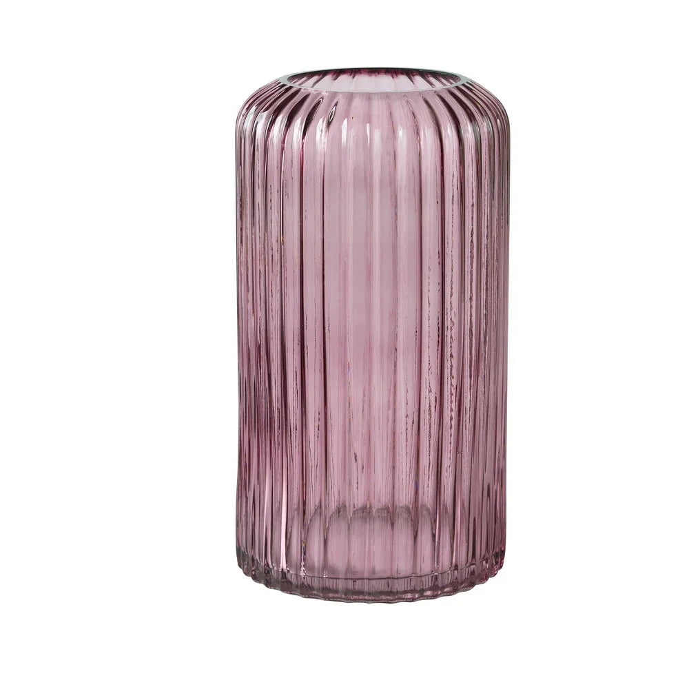 Modern Pink Ribbed Cylinder Glass Vase Tabletop Decor Stylish Home Accent Washable High Quality Glass Ideal For Flowers