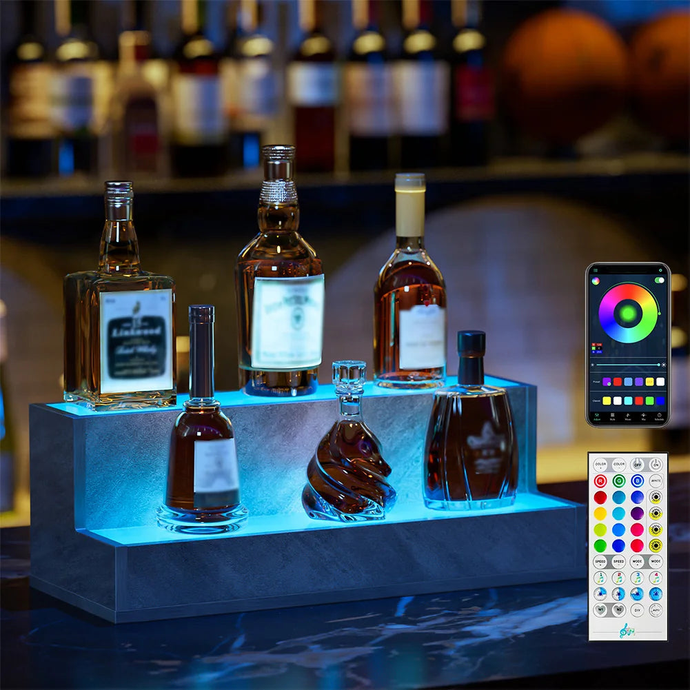 Led Lighted Wooden Liquor Shelves With App Remote Control