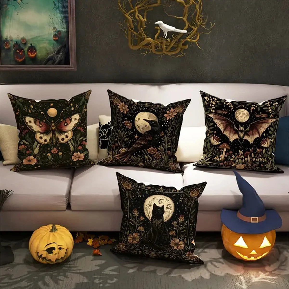 Spooky Halloween Pumpkin Ghost Spider Throw Pillow Cover