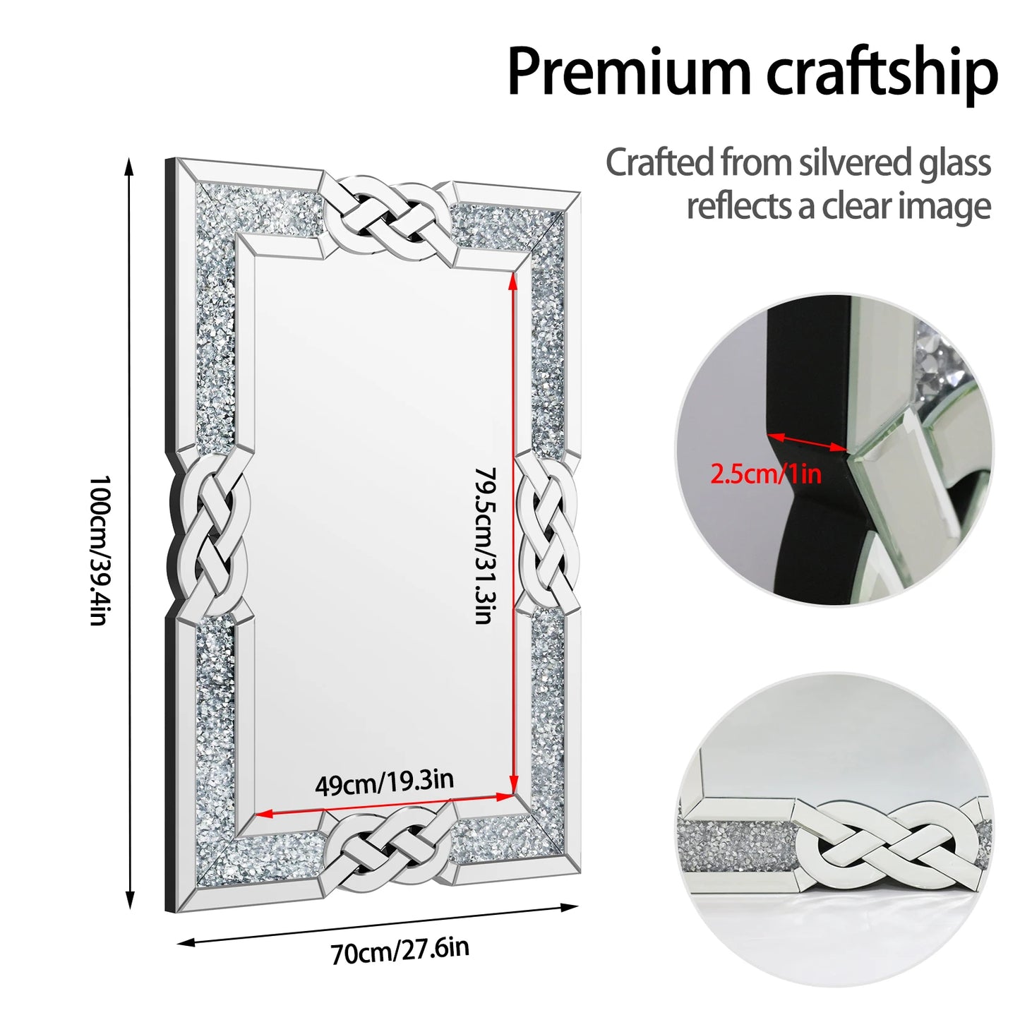 90 100 120CM Large Crystal Crush Diamond Mirror Vanity Silver Decorative Wall Hang Mirror for Bedroom Hallway Living Room