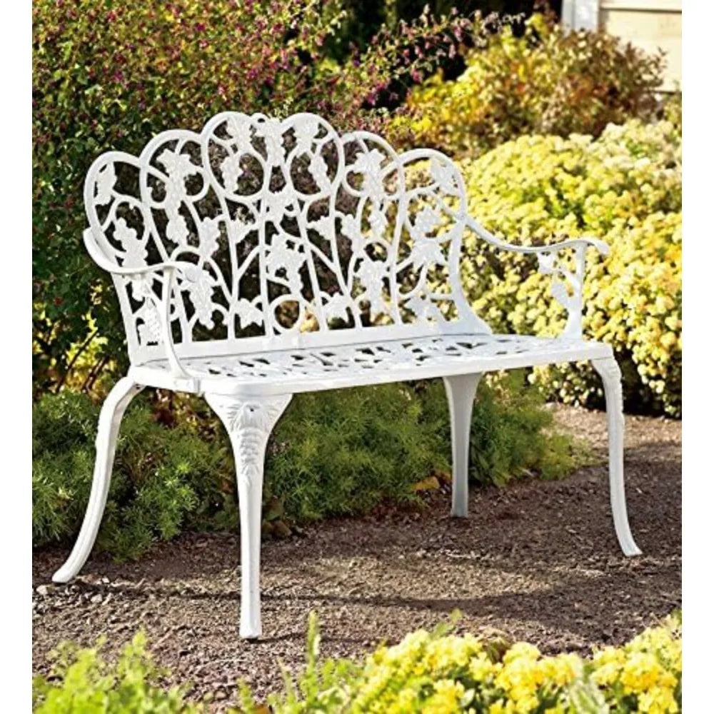 Plow And Hearth Weatherproof Grapevine Outdoor Bench White Aluminum 300 lb Capacity For Garden Patio Porch Deck