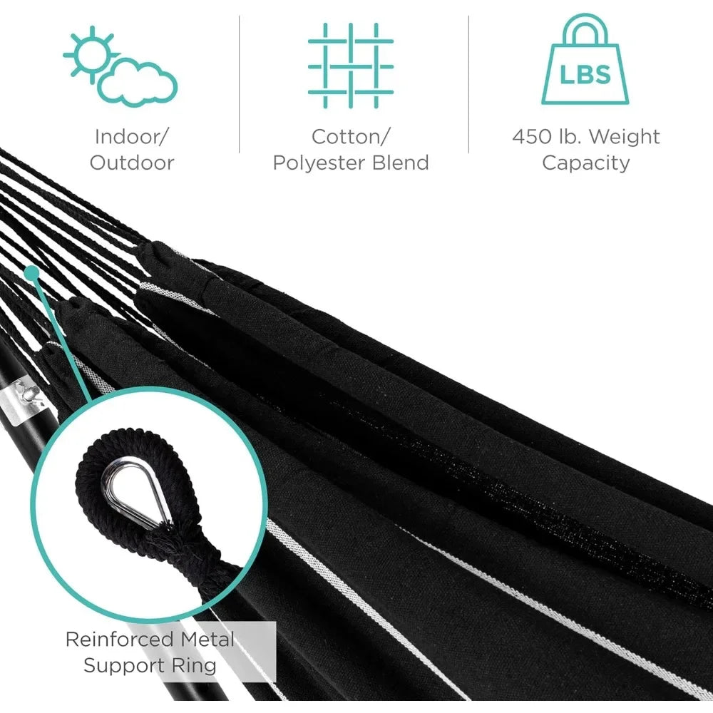 Double Brazilian Style Cotton Hammock With Steel Stand For Indoor Outdoor With Carrying Bag