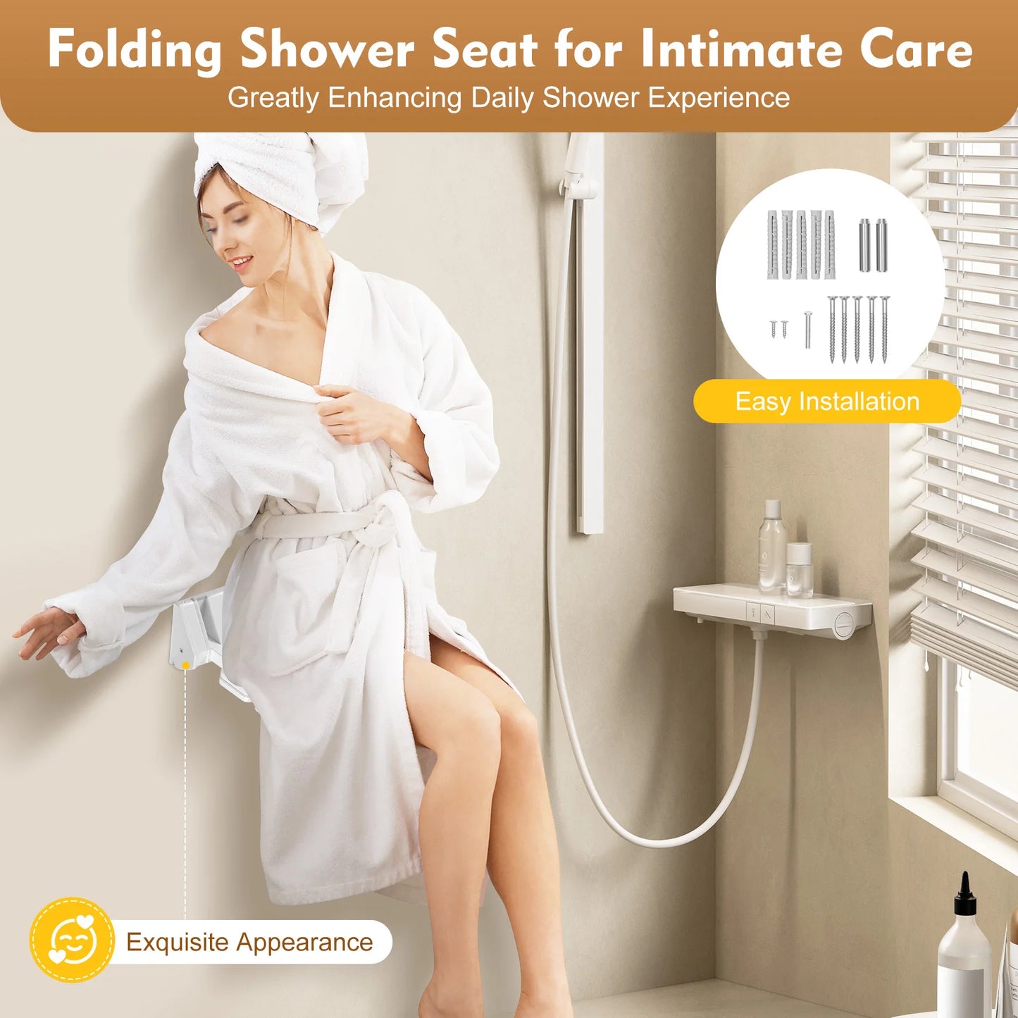 Wall Mounted Folding Shower Seat Non Slip White Stool