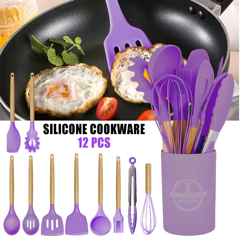 12 Piece Silicone Kitchenware Cooking Utensils Set Non Stick Cookware Spatula Shovel Egg Beaters Baking Set with Storage Bucket