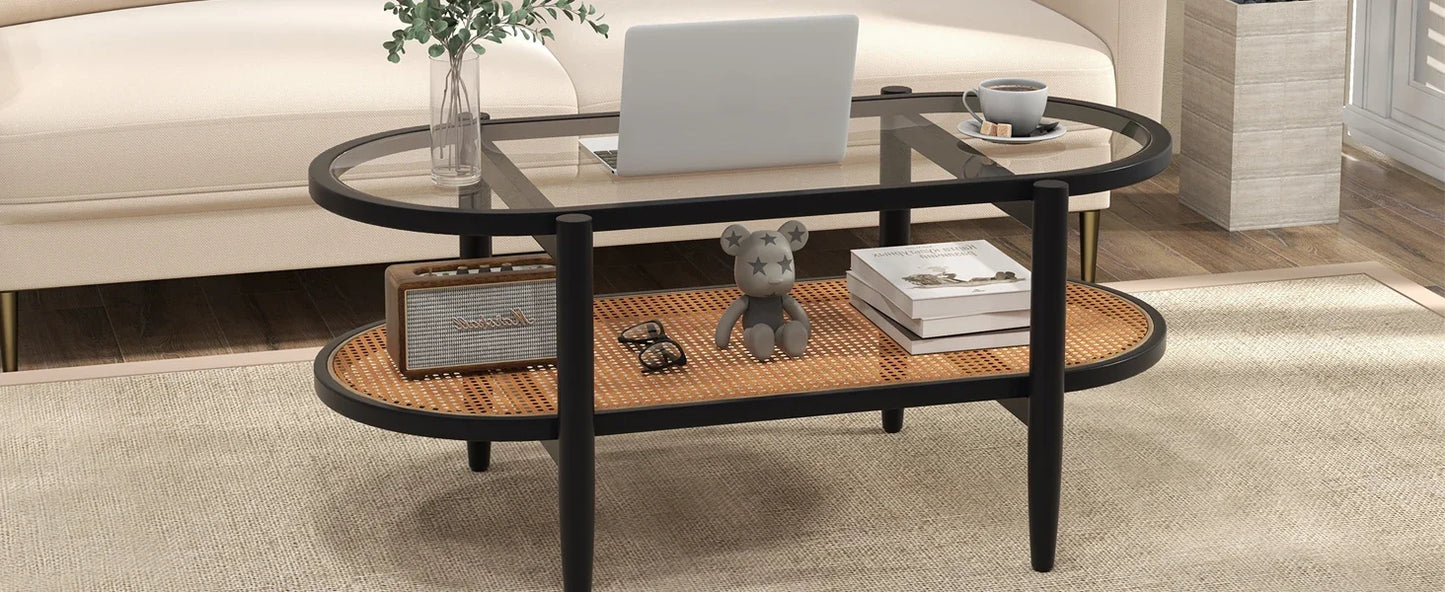 Rattan Coffee Table 2 Tier Acacia Wood With Glass Top Shelf