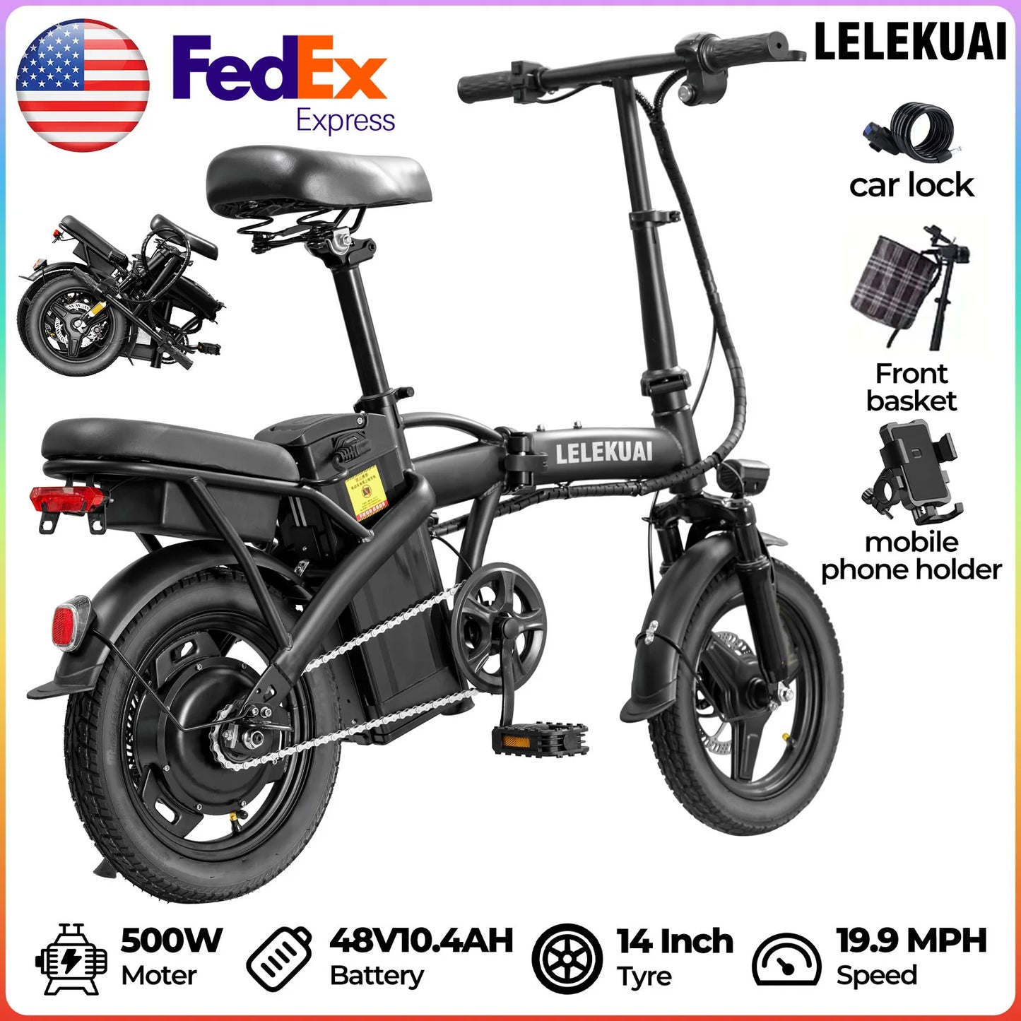 Foldable 14 Inch Electric Bicycle 500W 48V 10Ah With Pedal Assist