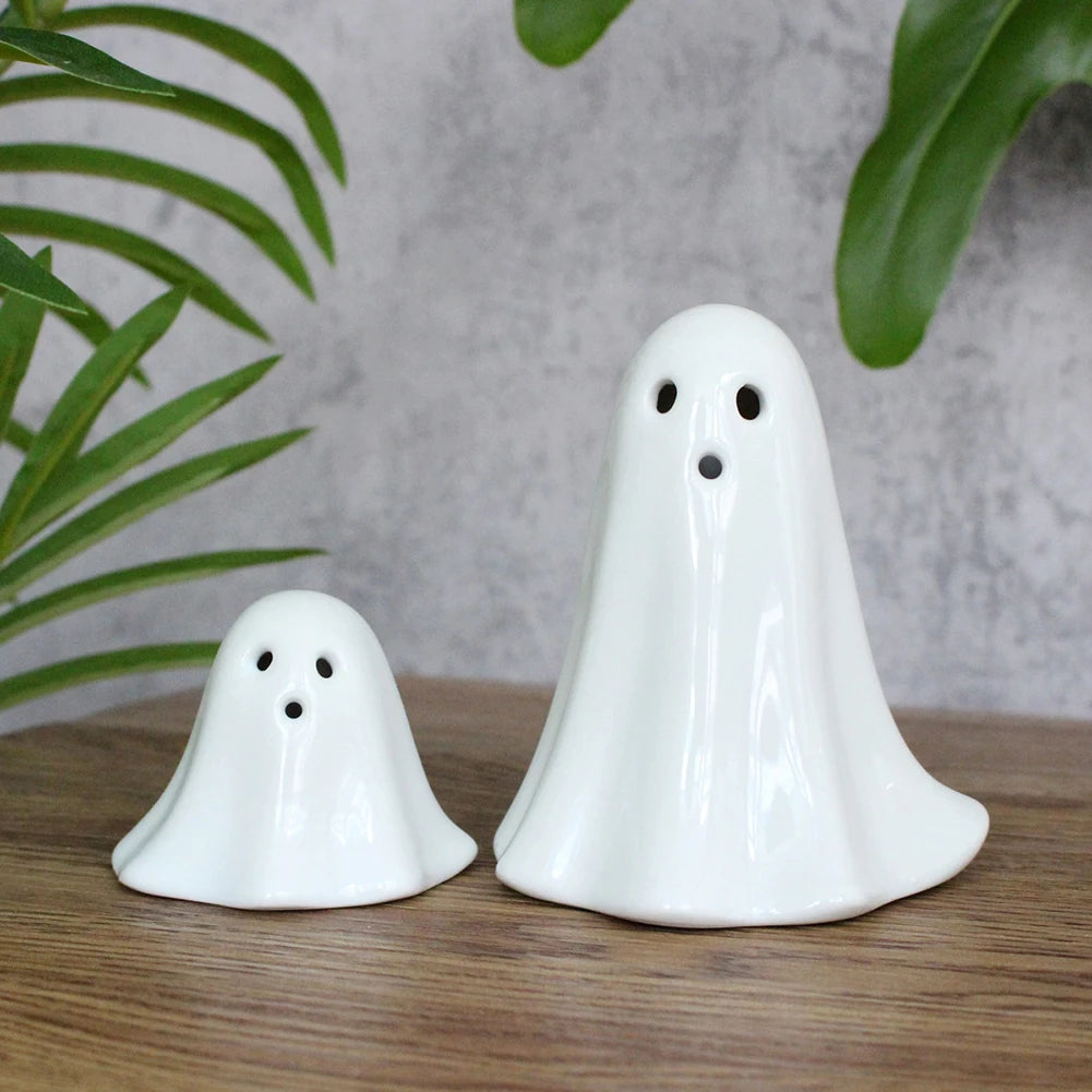 Halloween LED Light Up Ghost Decor Handmade Ceramic Ghost Sculpture Illuminated Desktop Decoration