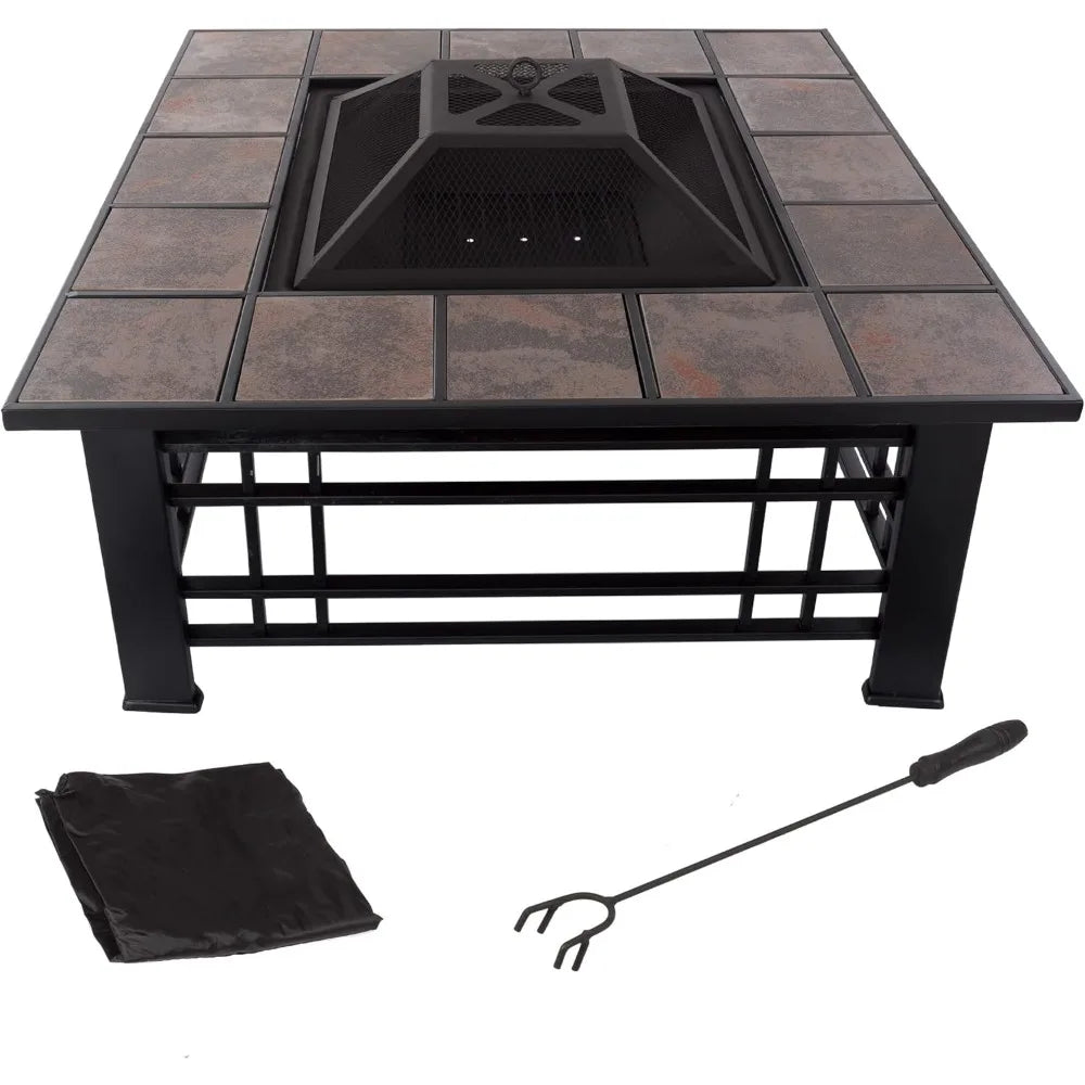 Fire Pit Set Wood Burning Spark Screen Outdoor Log Poker