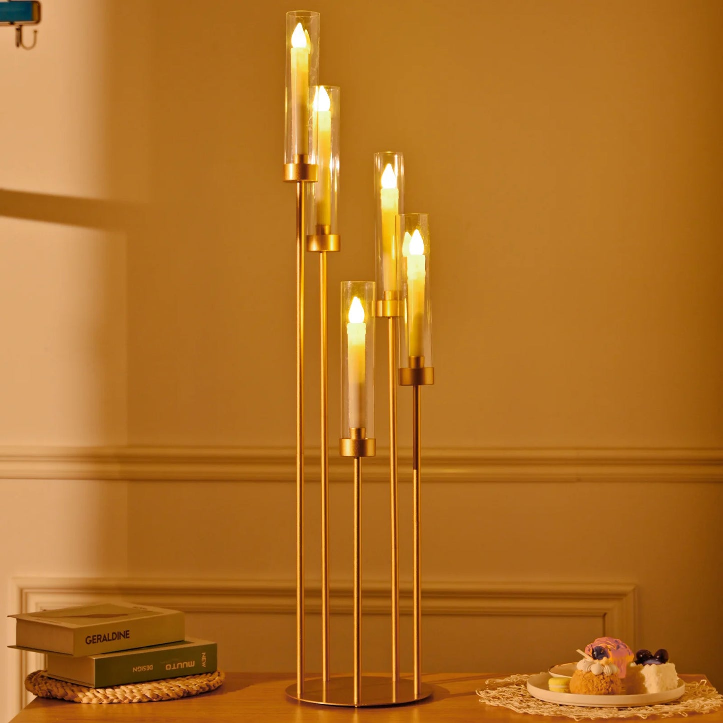 Gold Floor Candelabra 5 Arm Candle Holder Acrylic Shade