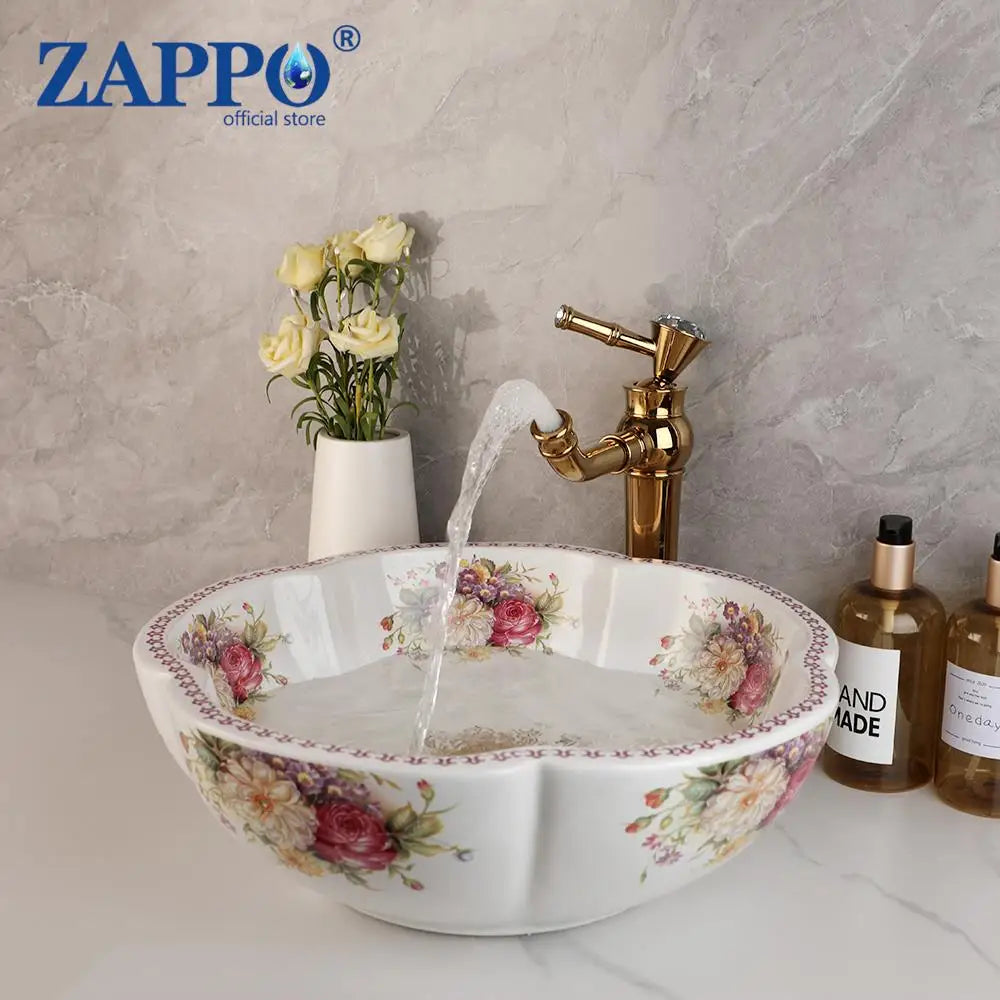 ZAPPO Ceramic Sink Above Counter Round Petal Pattern Faucet