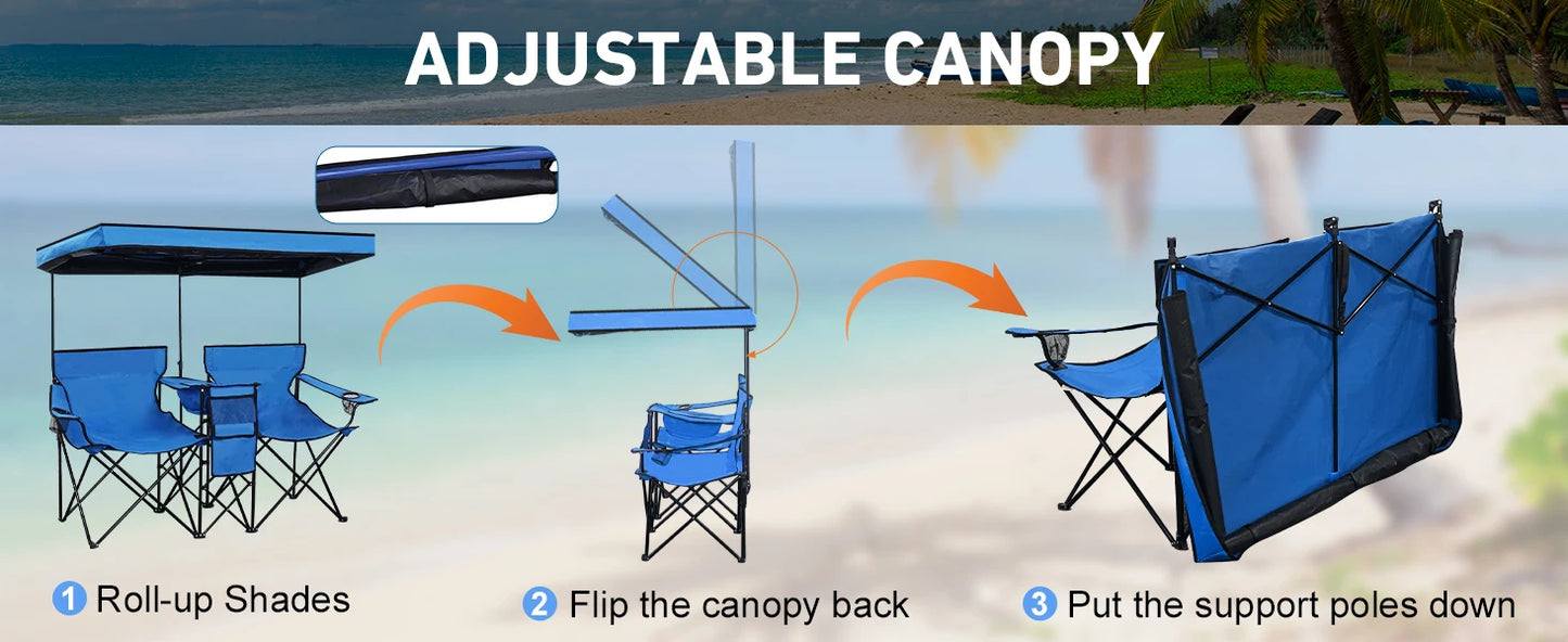 Double Beach Chair With Canopy Shade Folding Loveseat Outdoor Chair With Cup Holder