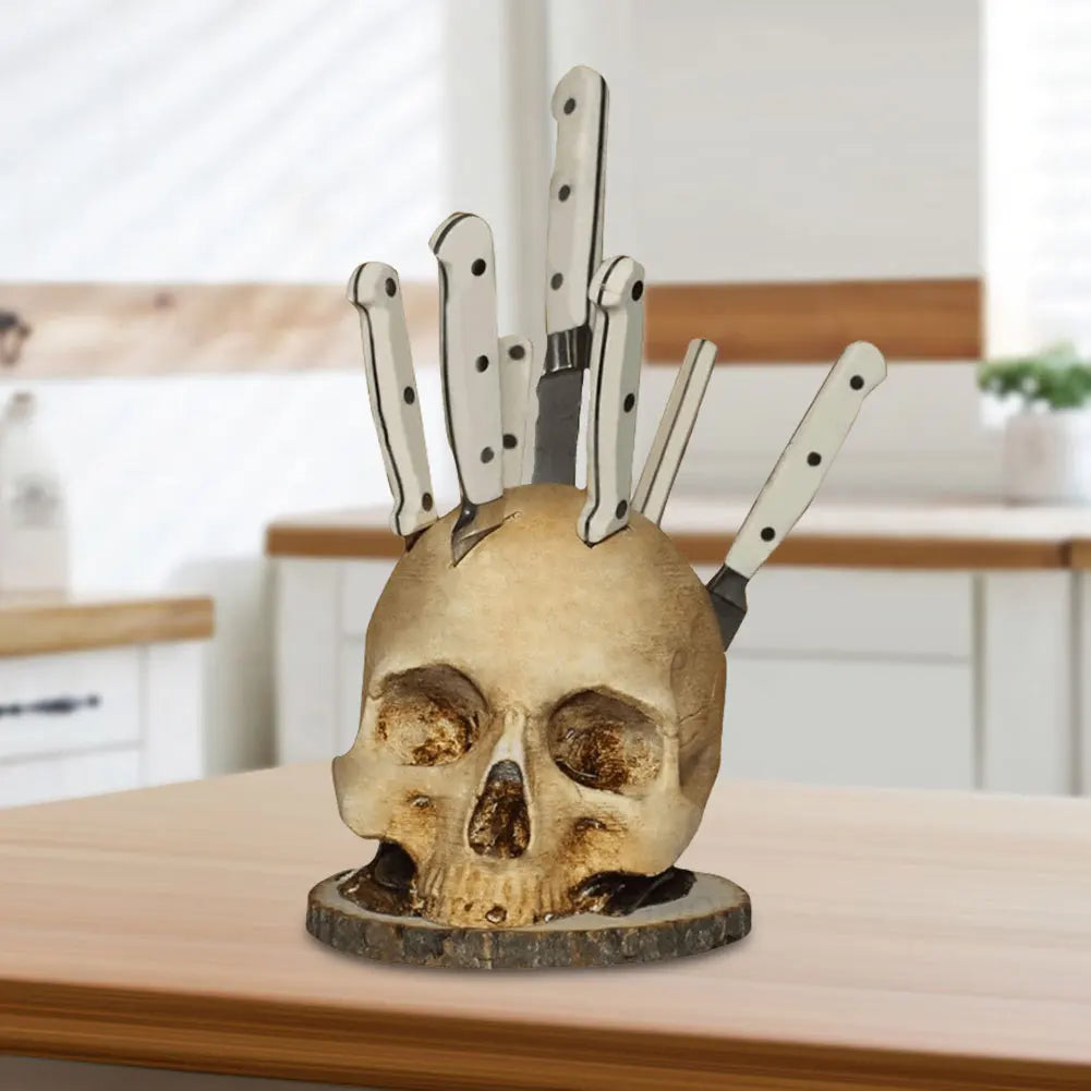 Skull Knife Holder Resin Fruit Chopping Knife Stand Creative Horror Decoration for Halloween Parties