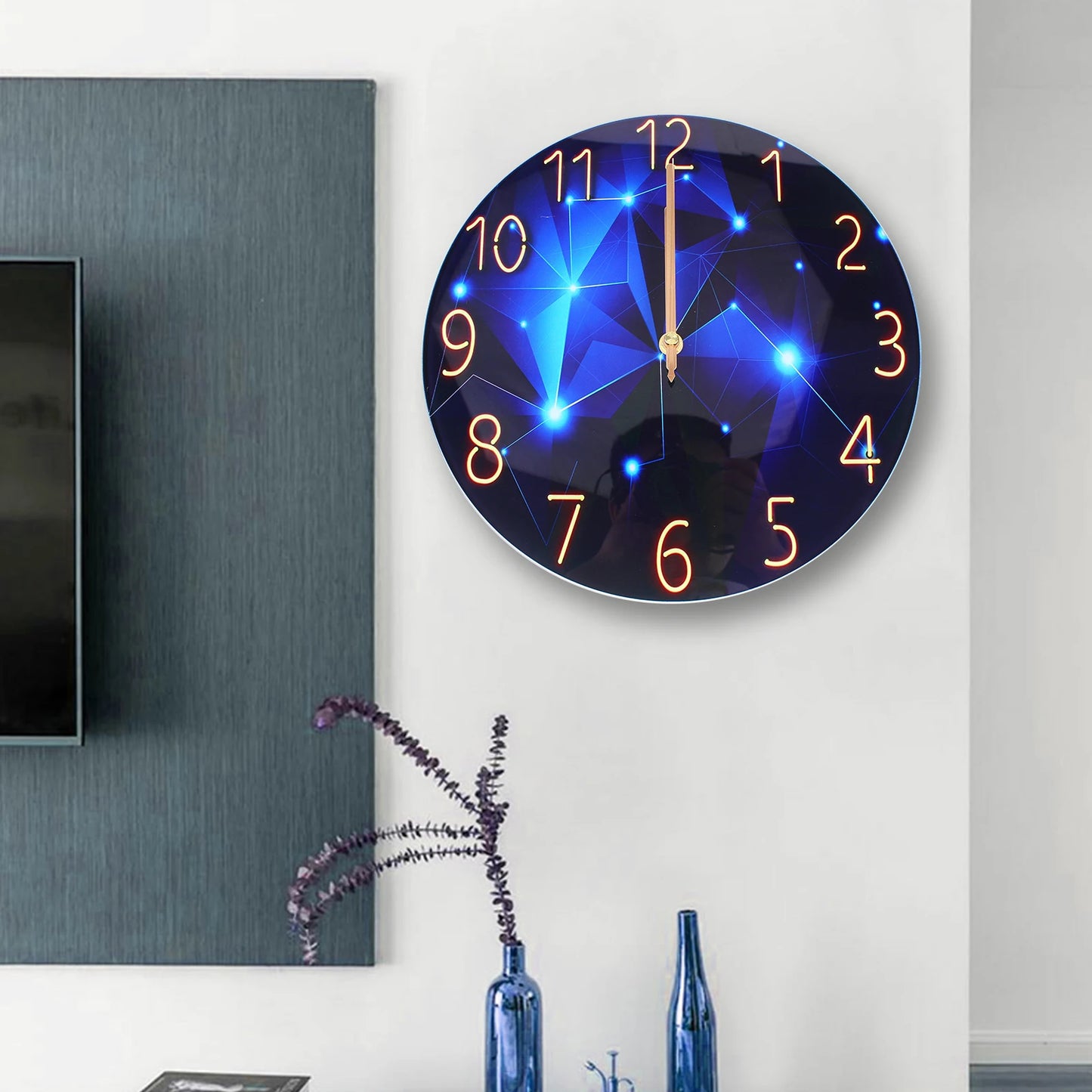 12 Inch Silent Blue Diamond Round Wall Clock Decorative Modern Style Interior Clock