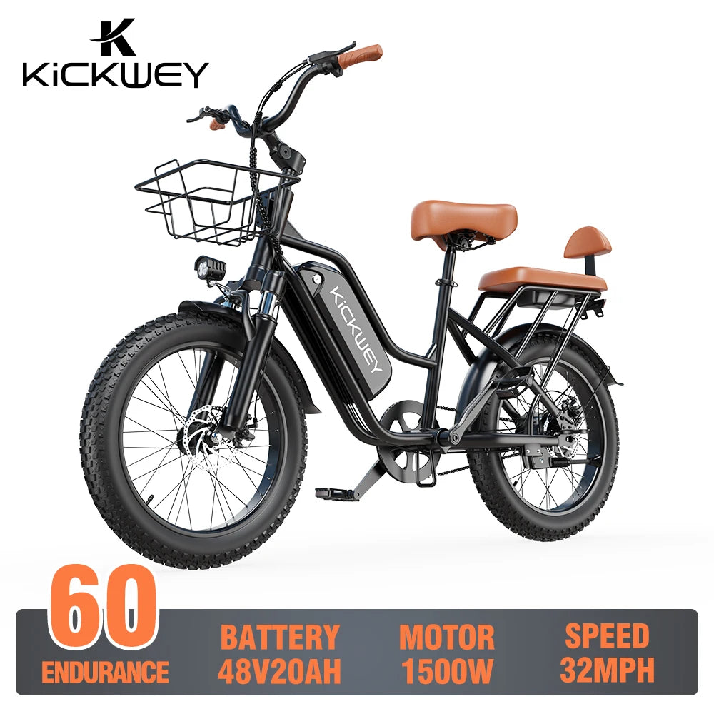 Electric Bike for Adults 20 Inch 1500W Peak Ebike Up to 50 Miles 32MPH Electric Mountain Bike with 48V 20AH Removable Battery