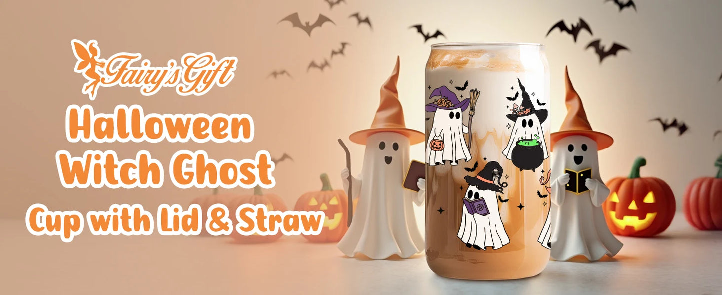 Witch Ghost Halloween Cup 16 Oz Glass Tumbler With Lids