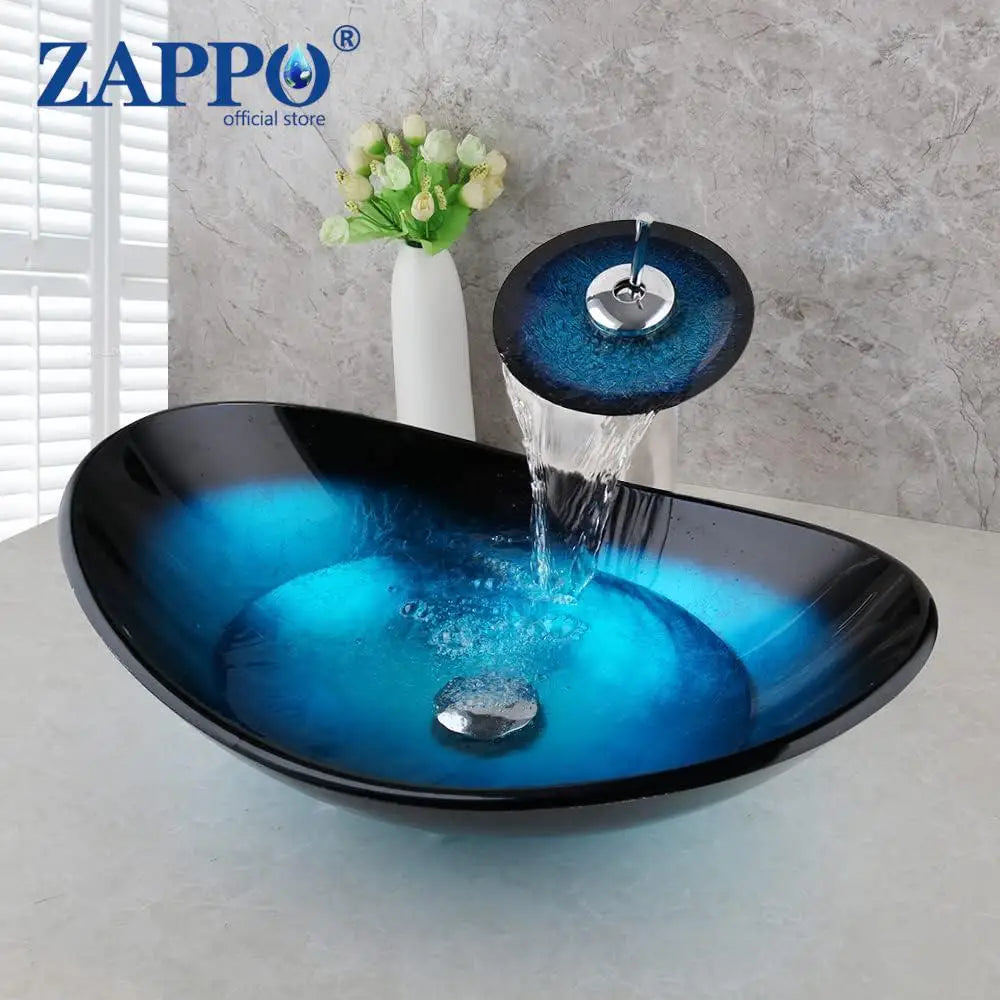 ZAPPO Tempered Glass Vessel Sink With Waterfall Faucet Blue