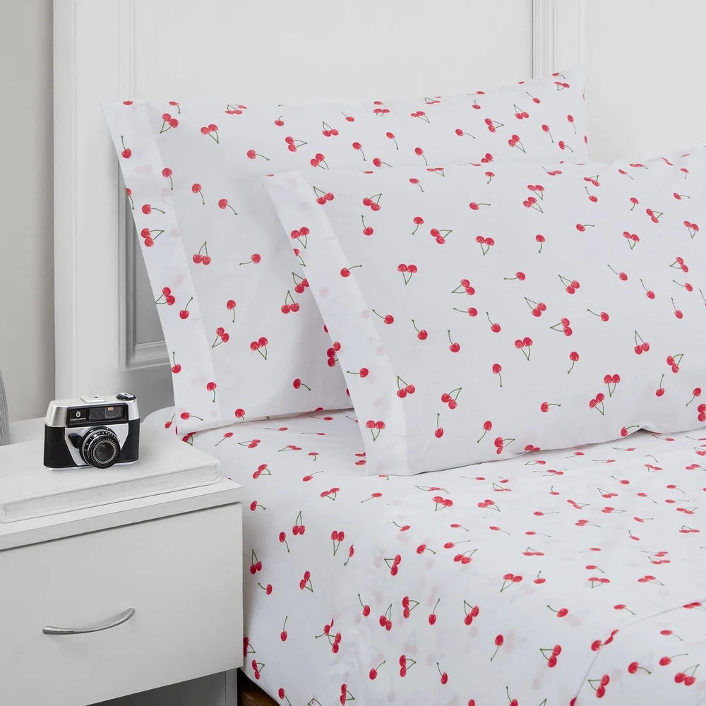 Cherries Cotton Percale Full Sheet Set Lightweight Breathable Fitted Flat Pillowcases Durable Elasticized Comfortable Bedding
