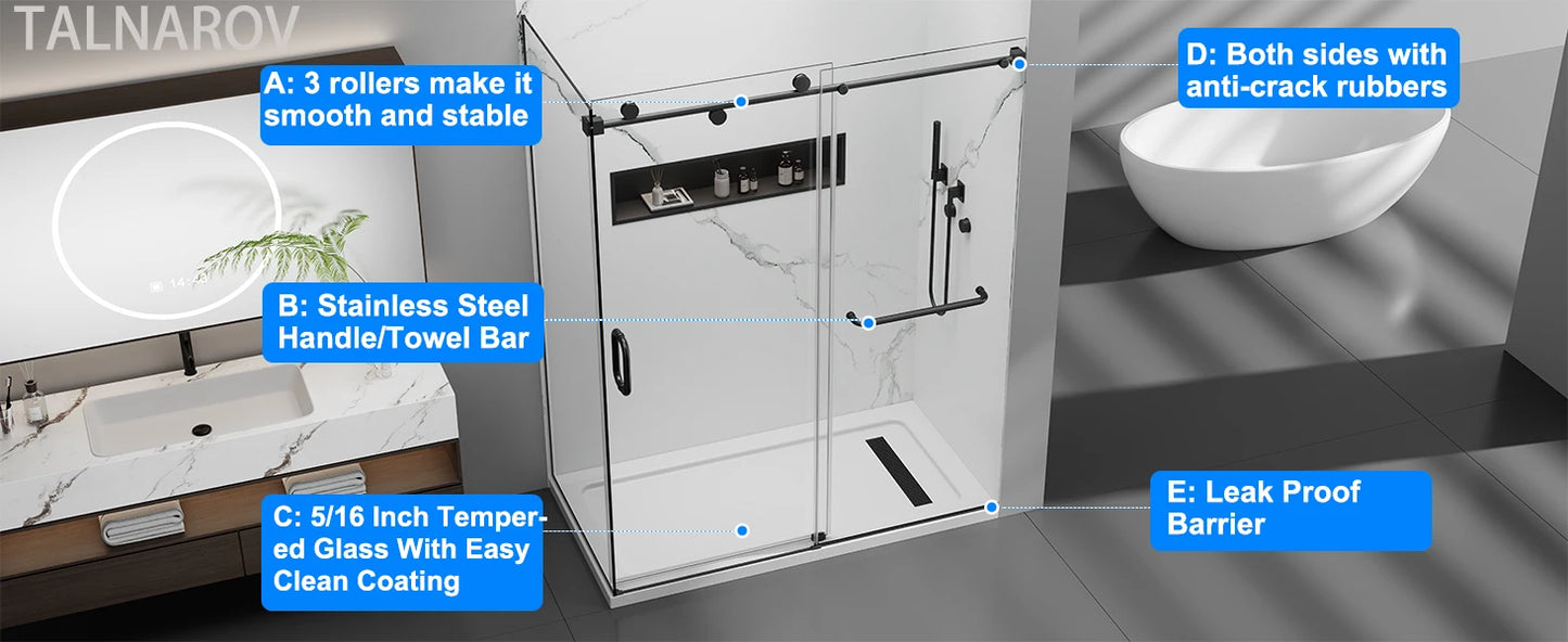 56-60 x 76 Frameless Sliding Shower Door Matte Black Glass