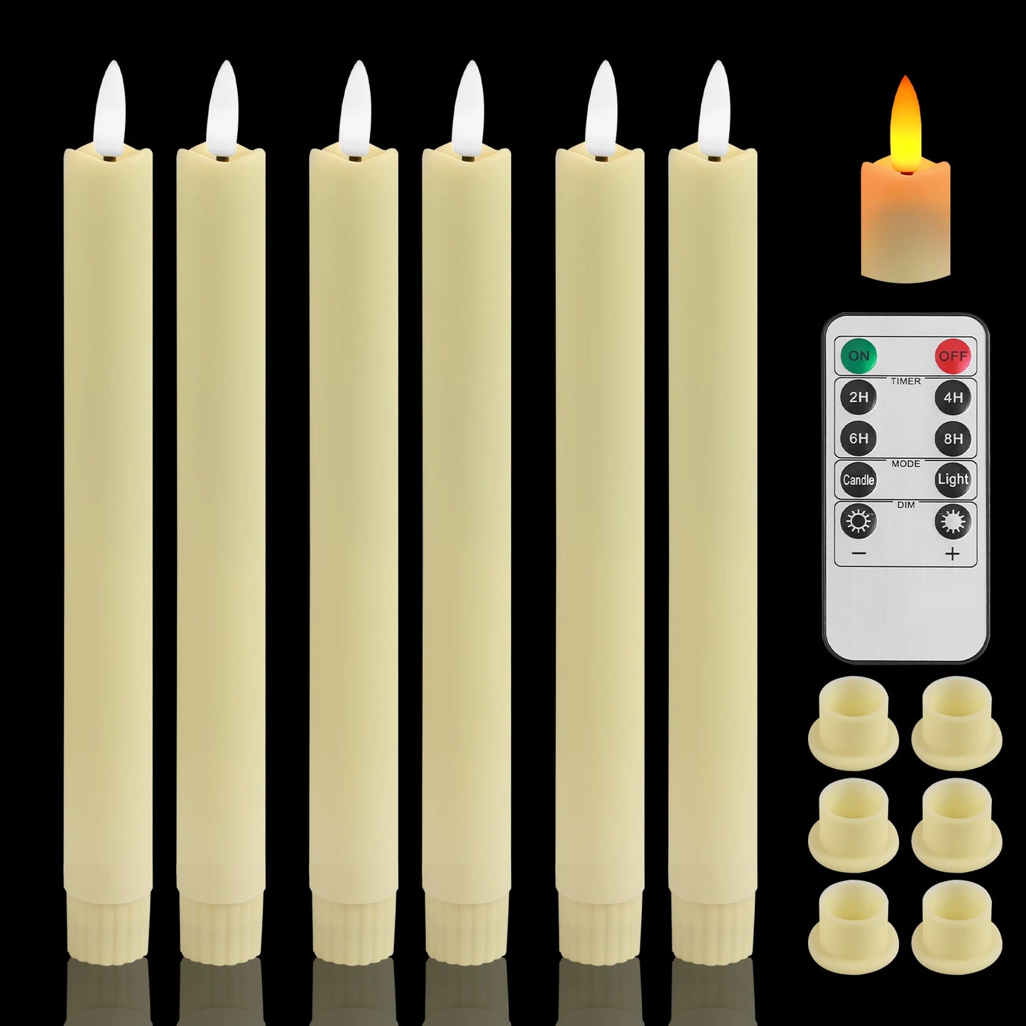 Flickering LED Taper Candles 6 Pack With Remote Flameless