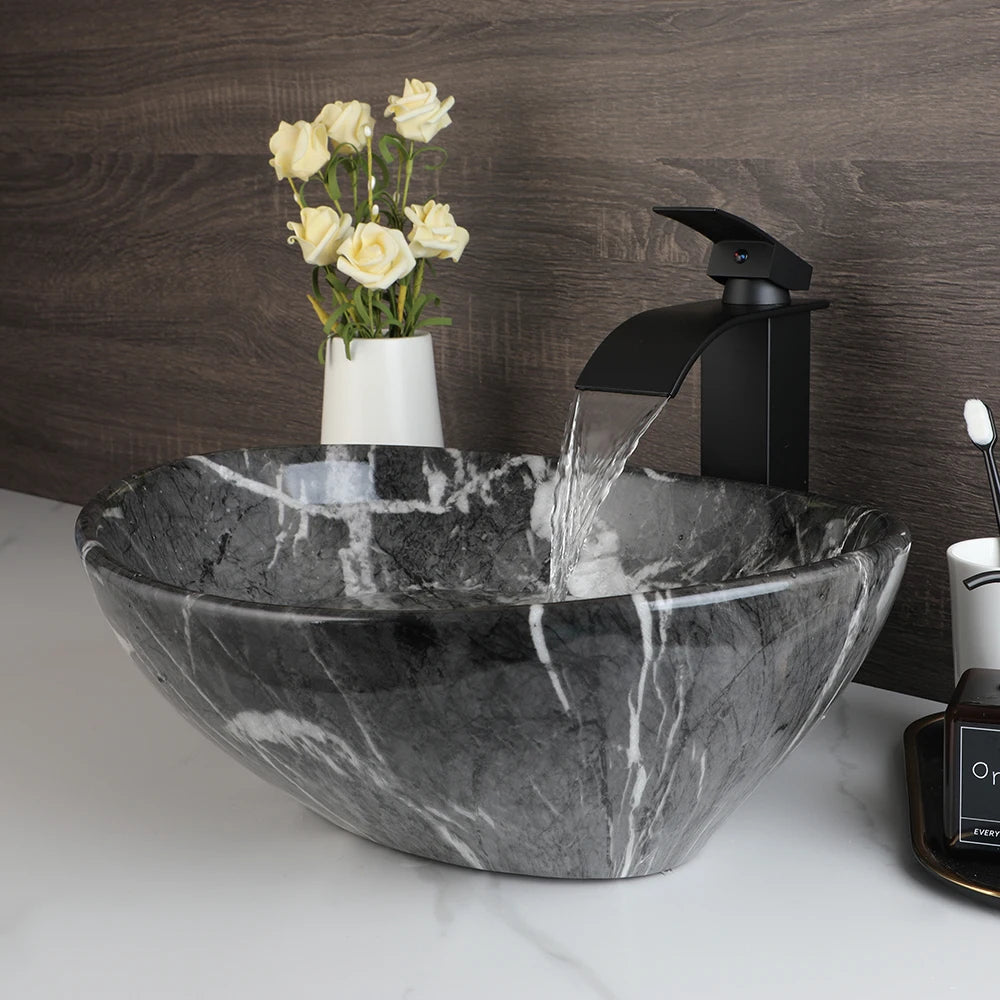 ZAPPO Marbling Rectangle Vessel Sink With Faucet Drain
