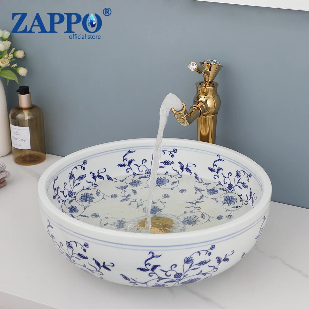 Hand Painted Ceramic Round Bathroom Basin Sink With Faucet