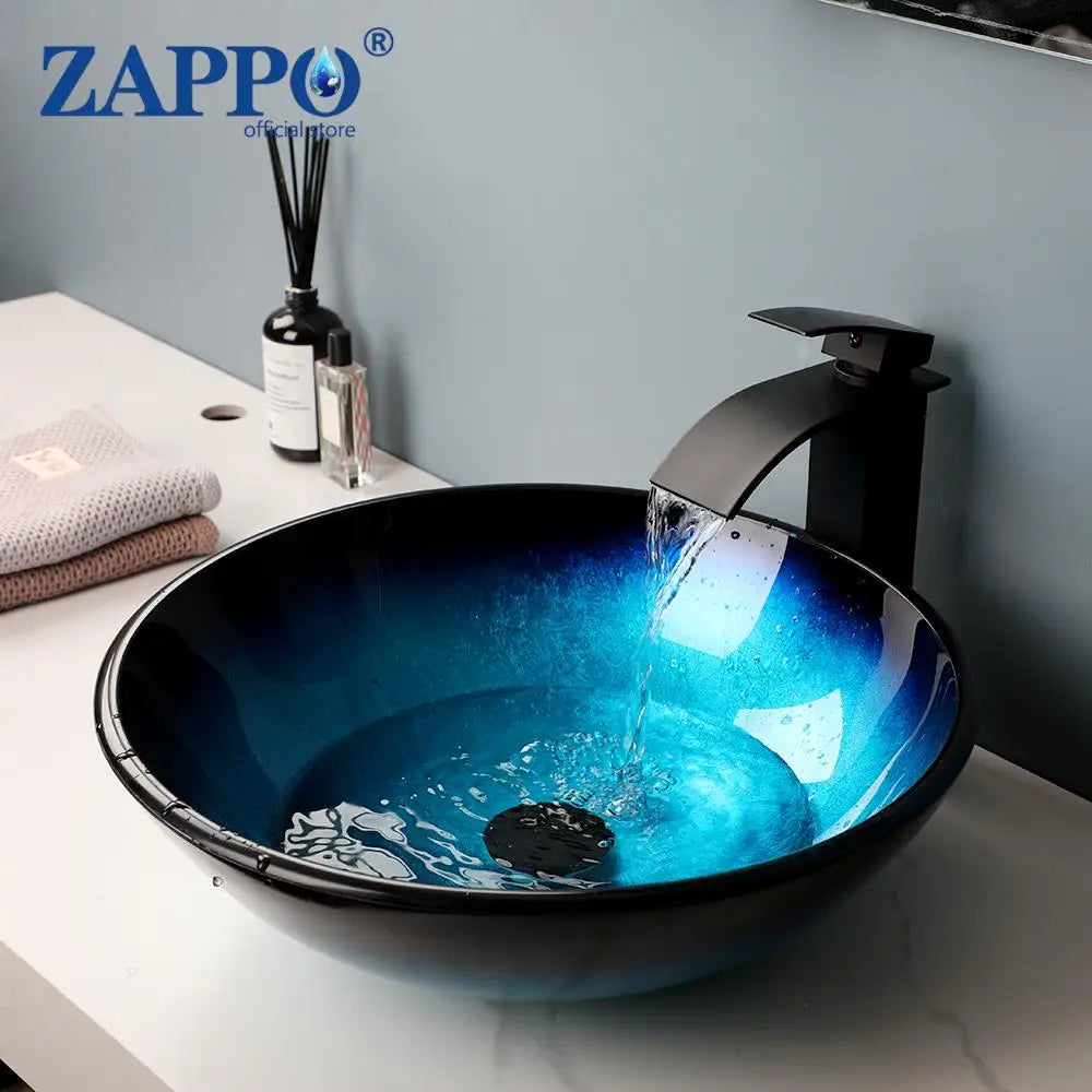 ZAPPO Tempered Glass Vessel Sink With Waterfall Faucet Blue