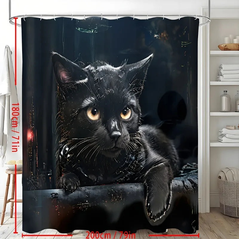 Cute Cat Shower Curtain Waterproof With 12 Hooks Bath Decor