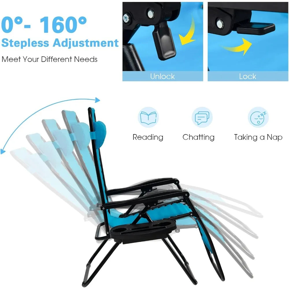 Zero Gravity Lounge Chairs 160 Degree Adjustable Folding Recliner with Pillow and Cup Holder 350 Pounds Comfy Outdoor Lounge Chairs
