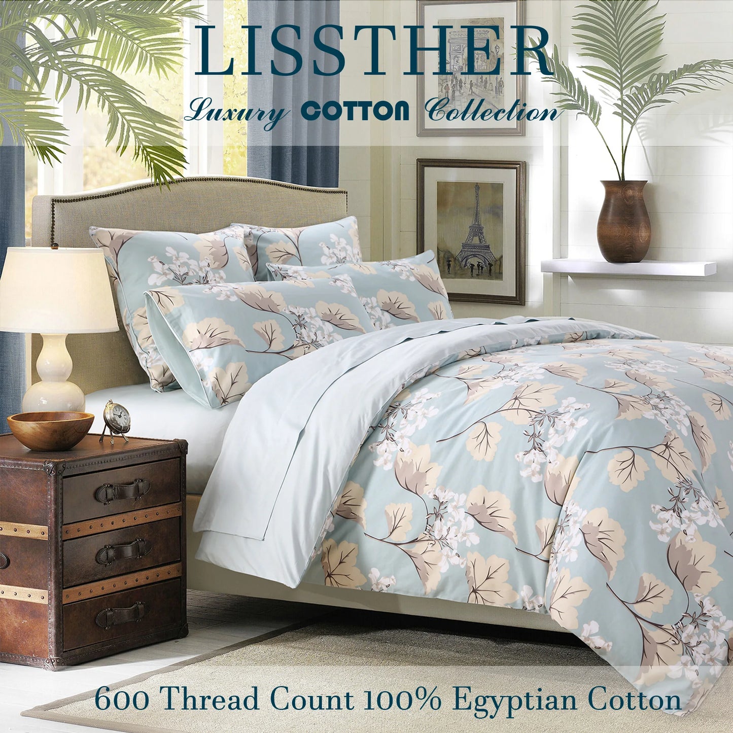 3Pc 600TC Egyptian Cotton Duvet Cover Set Blue Floral Leaves