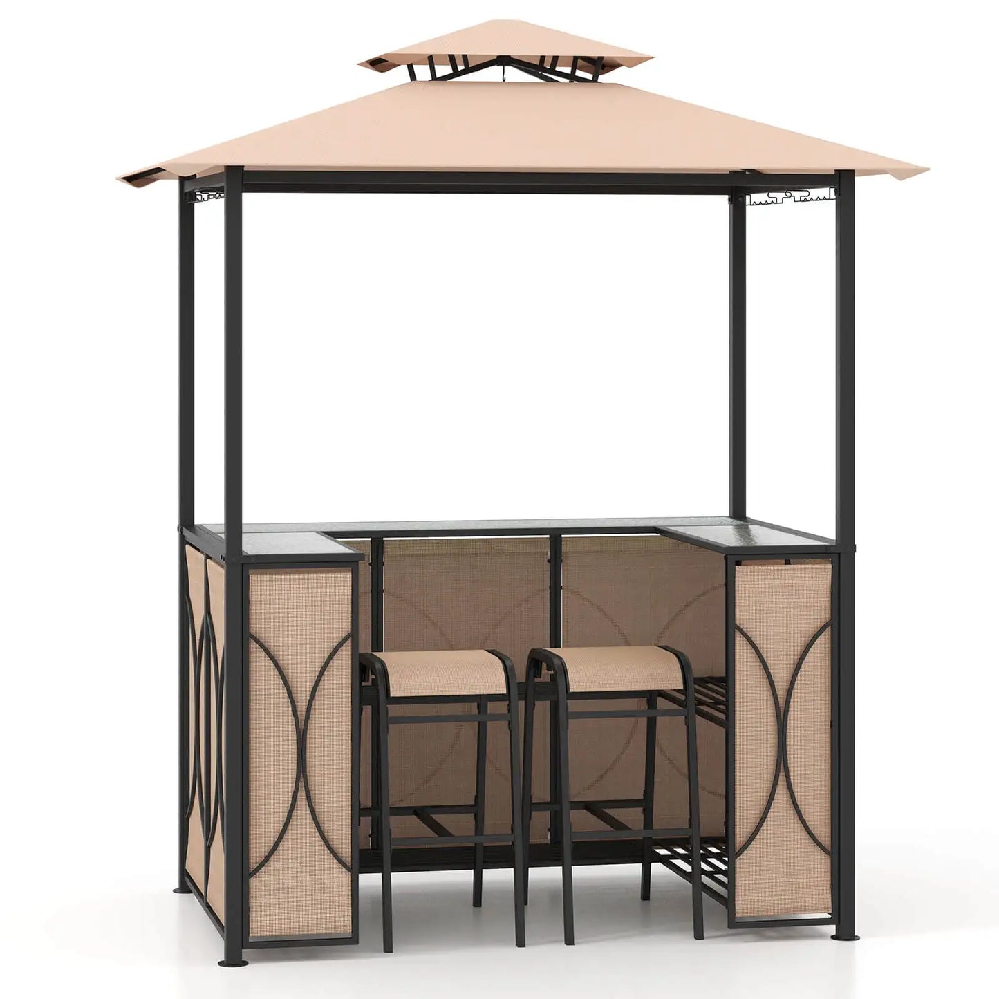 3 Piece Patio Bar Set Tempered Glass Bar Table And Metal Storage Shelves Brown
