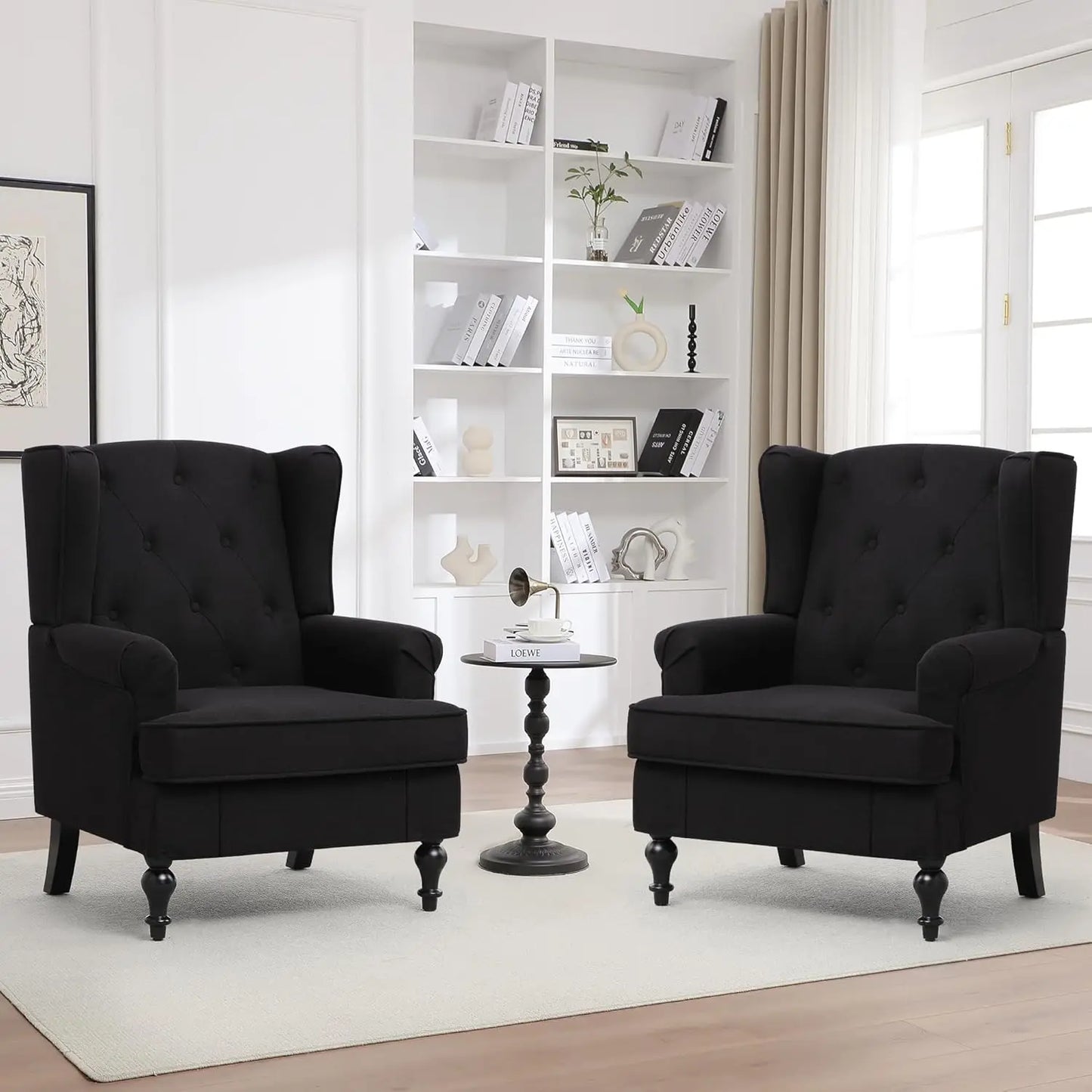 Accent Chair Set Of 2 Mid Century Modern Fabric Wingback Chairs With High Back