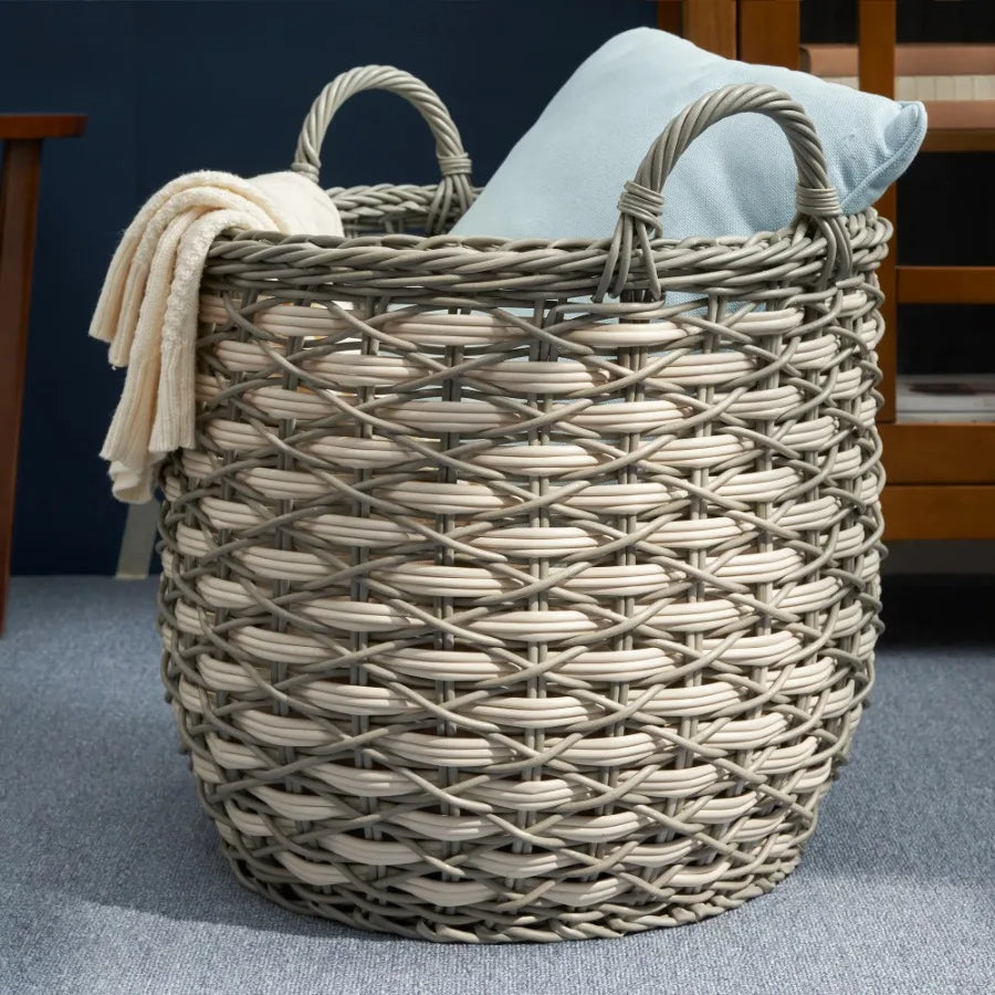 Zita Resin Woven Storage Basket With Handles White Gray