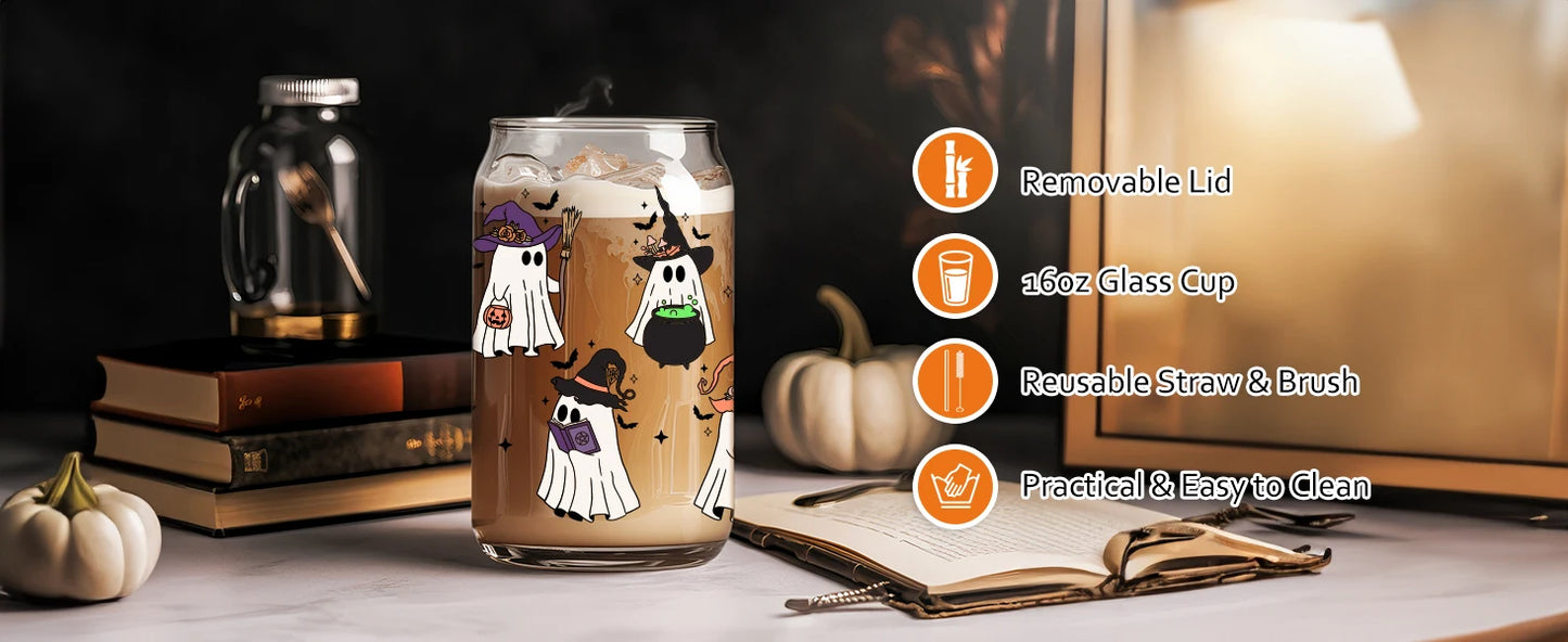Witch Ghost Halloween Cup 16 Oz Glass Tumbler With Lids
