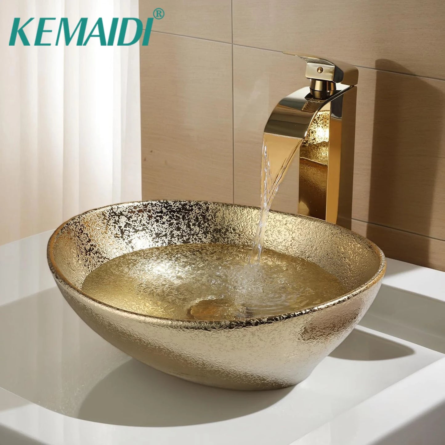 KEMAIDI Gold 16 Inch Ceramic Oval Vessel Sink With Faucet
