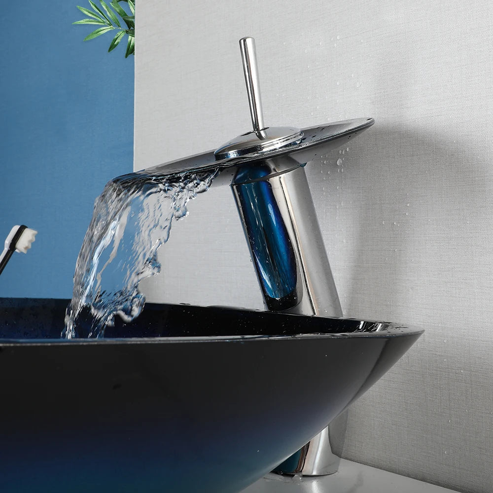 ZAPPO Tempered Glass Vessel Sink With Waterfall Faucet Blue