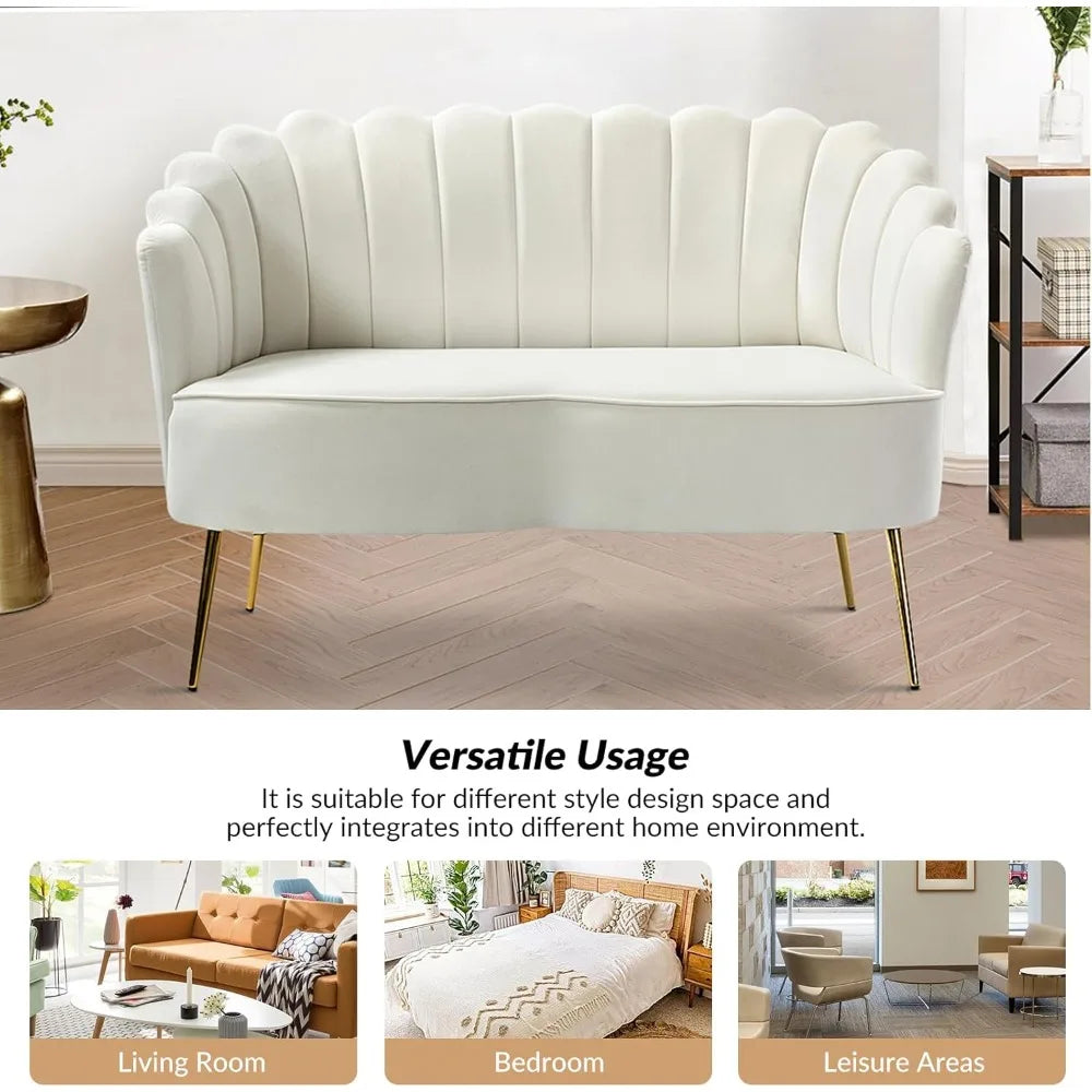 Modern Velvet Loveseat Sofa Two Seater With Flower Back And Gold Metal Legs Ivory