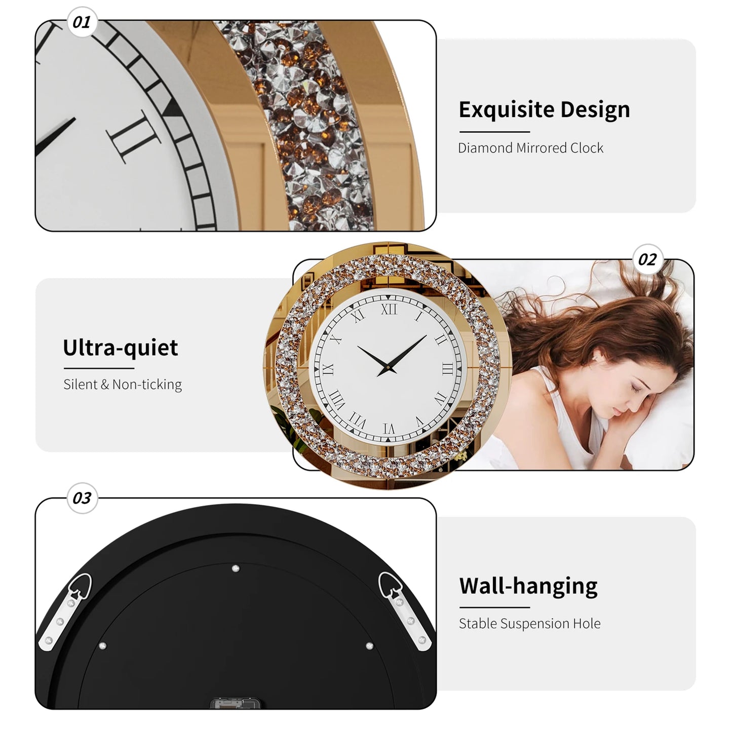 60 to 80 CM Bling Silver Round Mirror Clock Glam Sparkle Twinkle Shining Wall Clock for Home Decor
