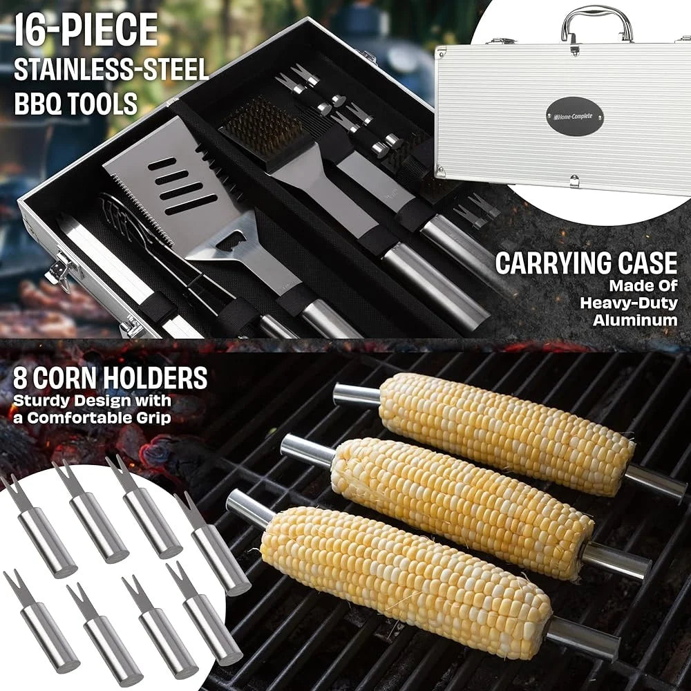 16 Piece BBQ Grill Accessories Set Stainless Steel Tools with Heavy Duty Aluminum Case Perfect Gift for Grill Lovers