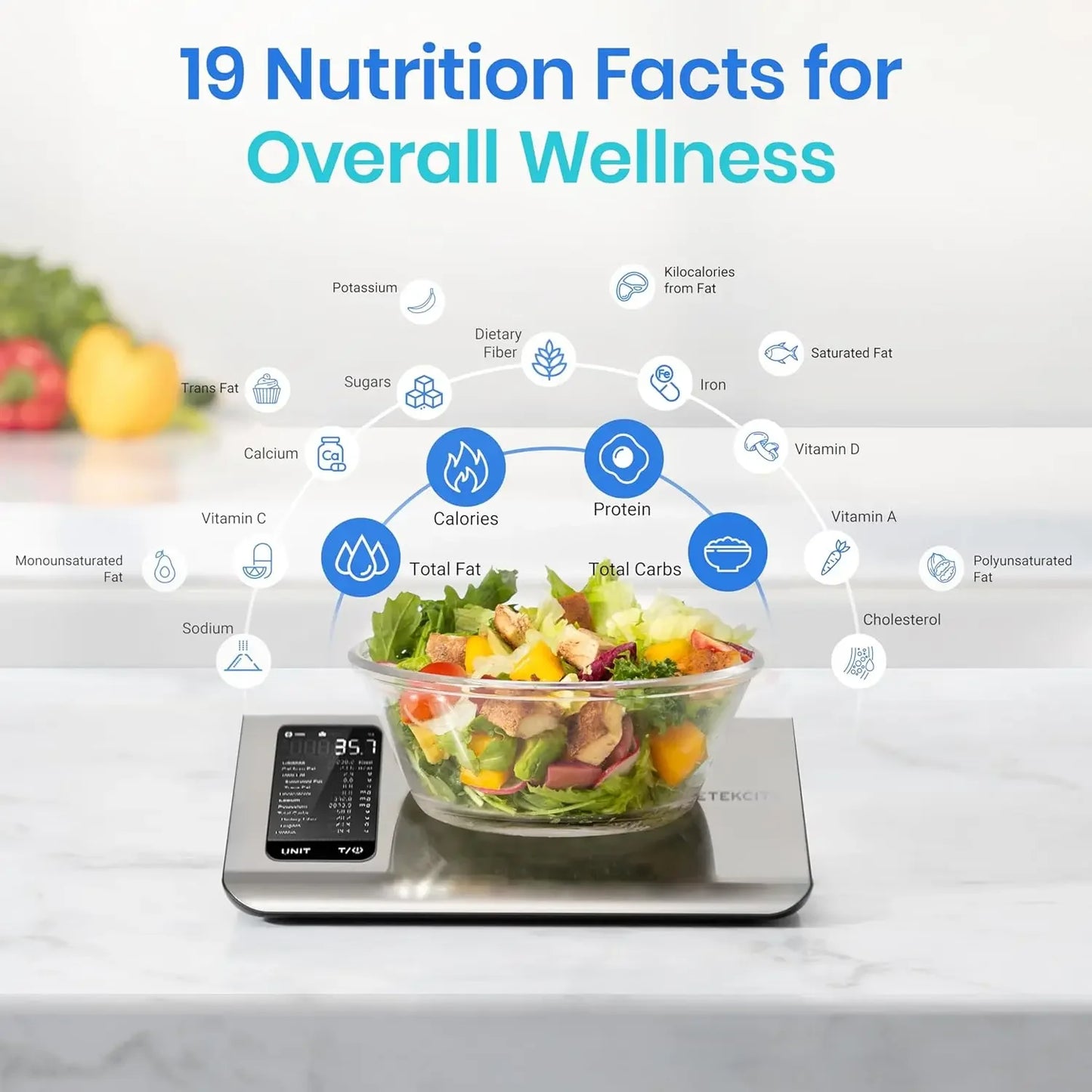 Smart Food Kitchen Scale with Nutritional Calculator and Free App for 19 Nutrient Tracking in Calorie and Macro Measurements