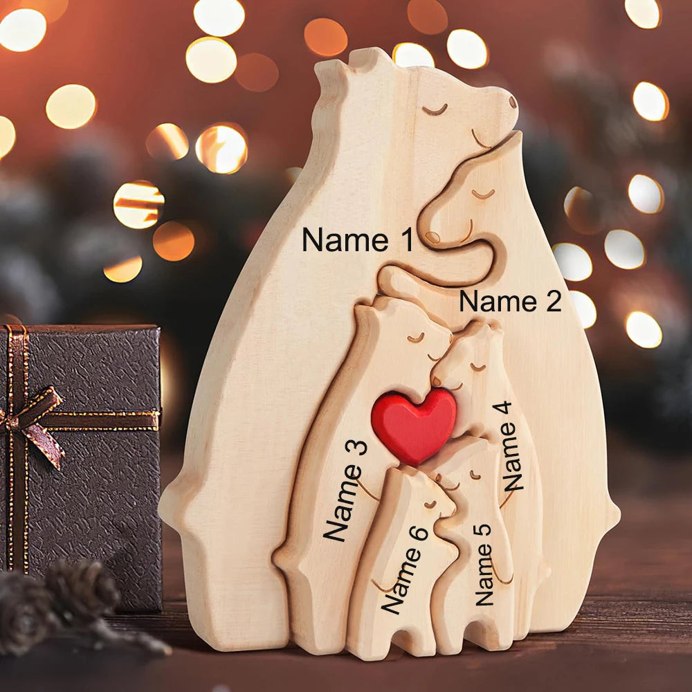 Personalized Custom Bear Family Wooden Puzzle DIY Free Engraving Name Sculpture Home Desk Decor Figurines Christmas Birthday Gift