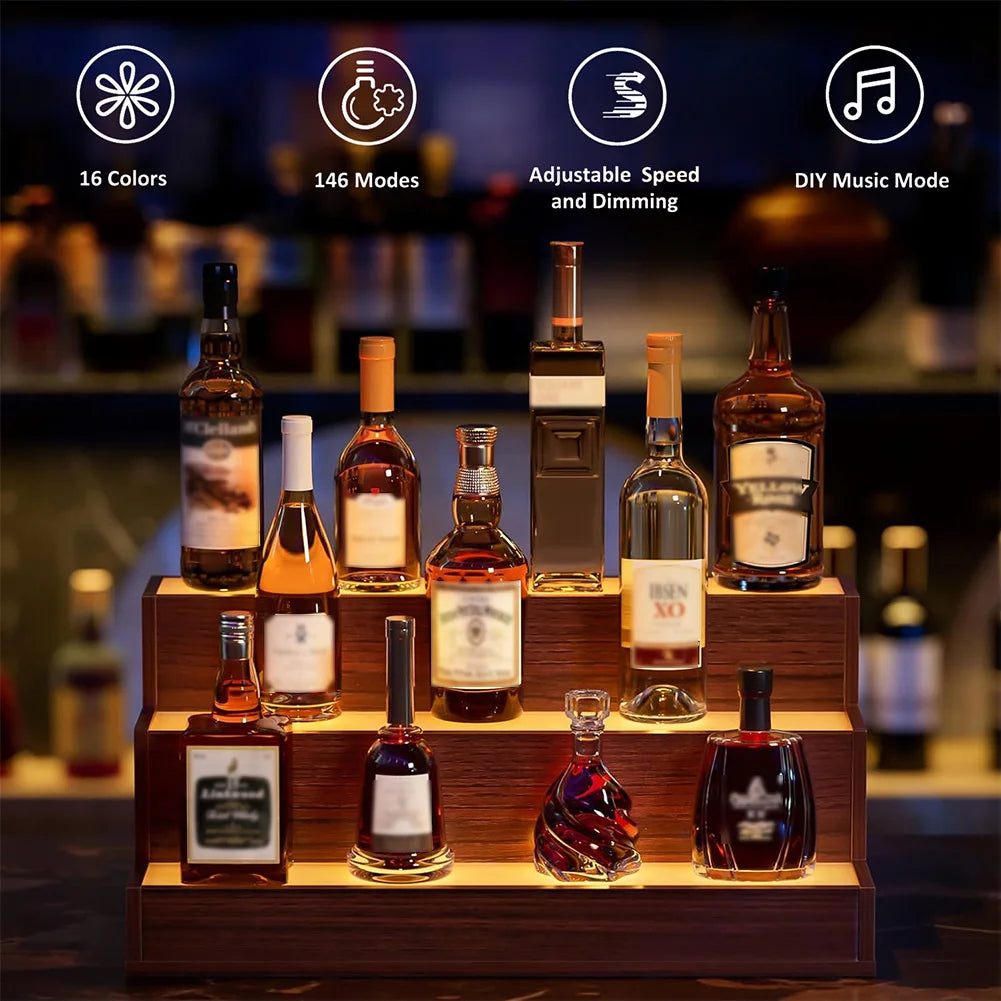 Led Lighted Wooden Liquor Shelves With App Remote Control