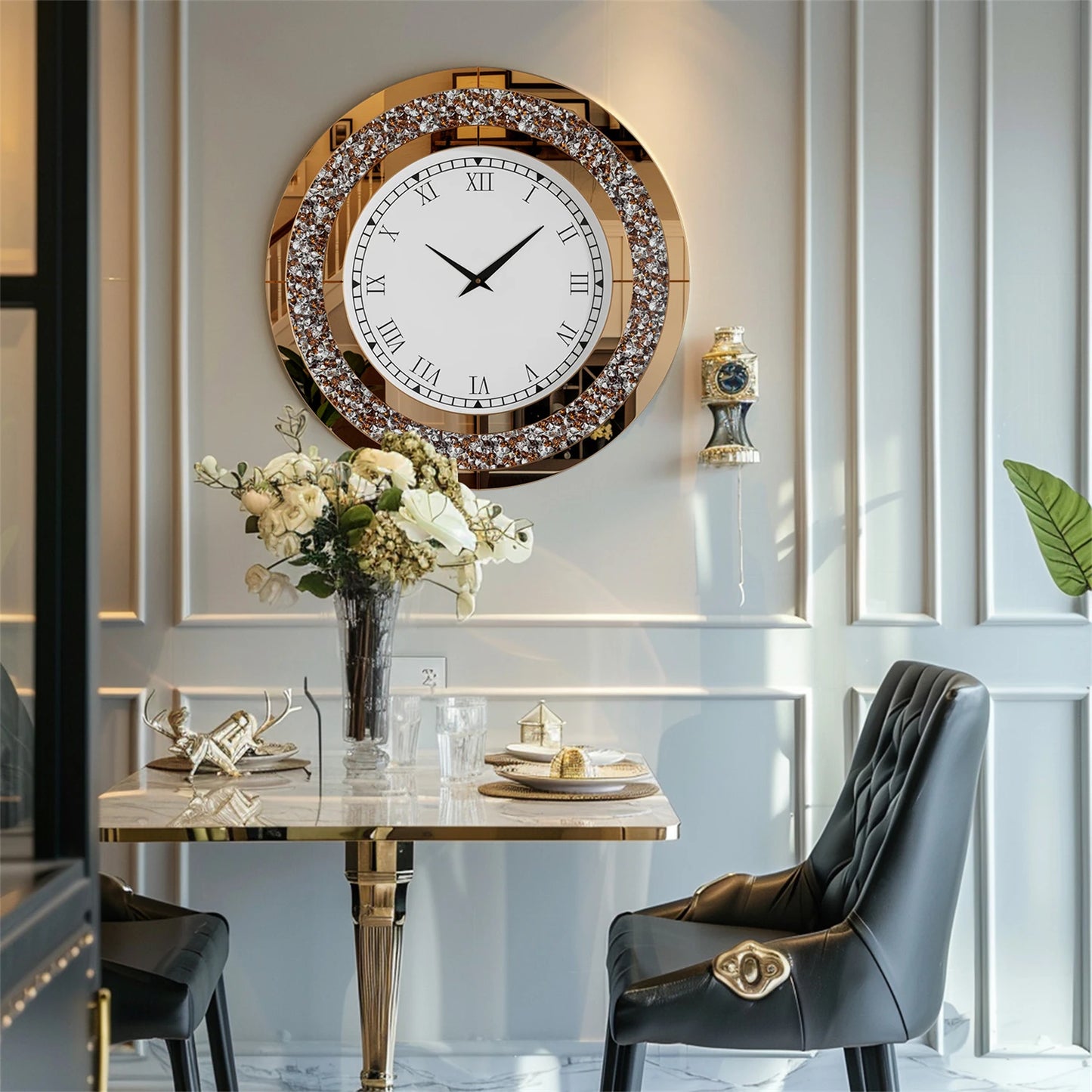 60 to 80 CM Bling Silver Round Mirror Clock Glam Sparkle Twinkle Shining Wall Clock for Home Decor