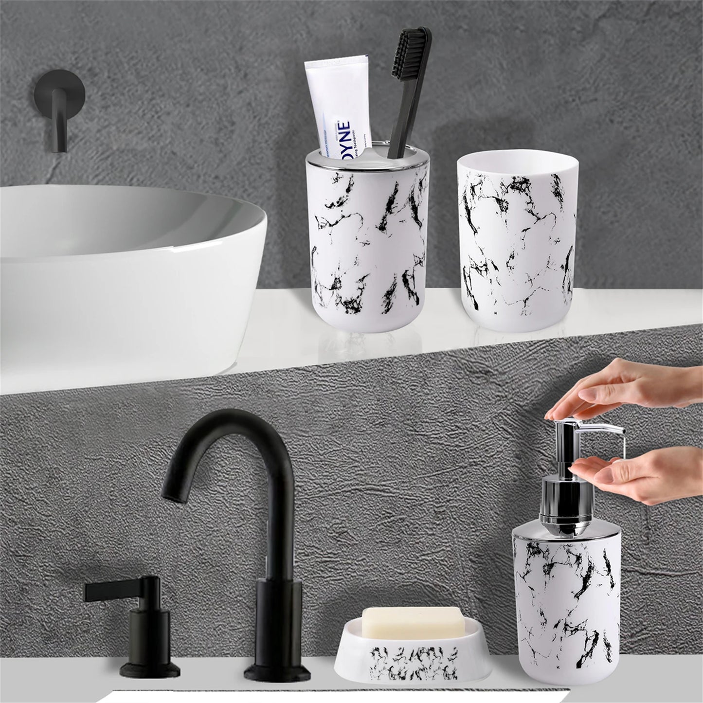 White Black Marble Bathroom Set With Lotion Bottle Soap Dish