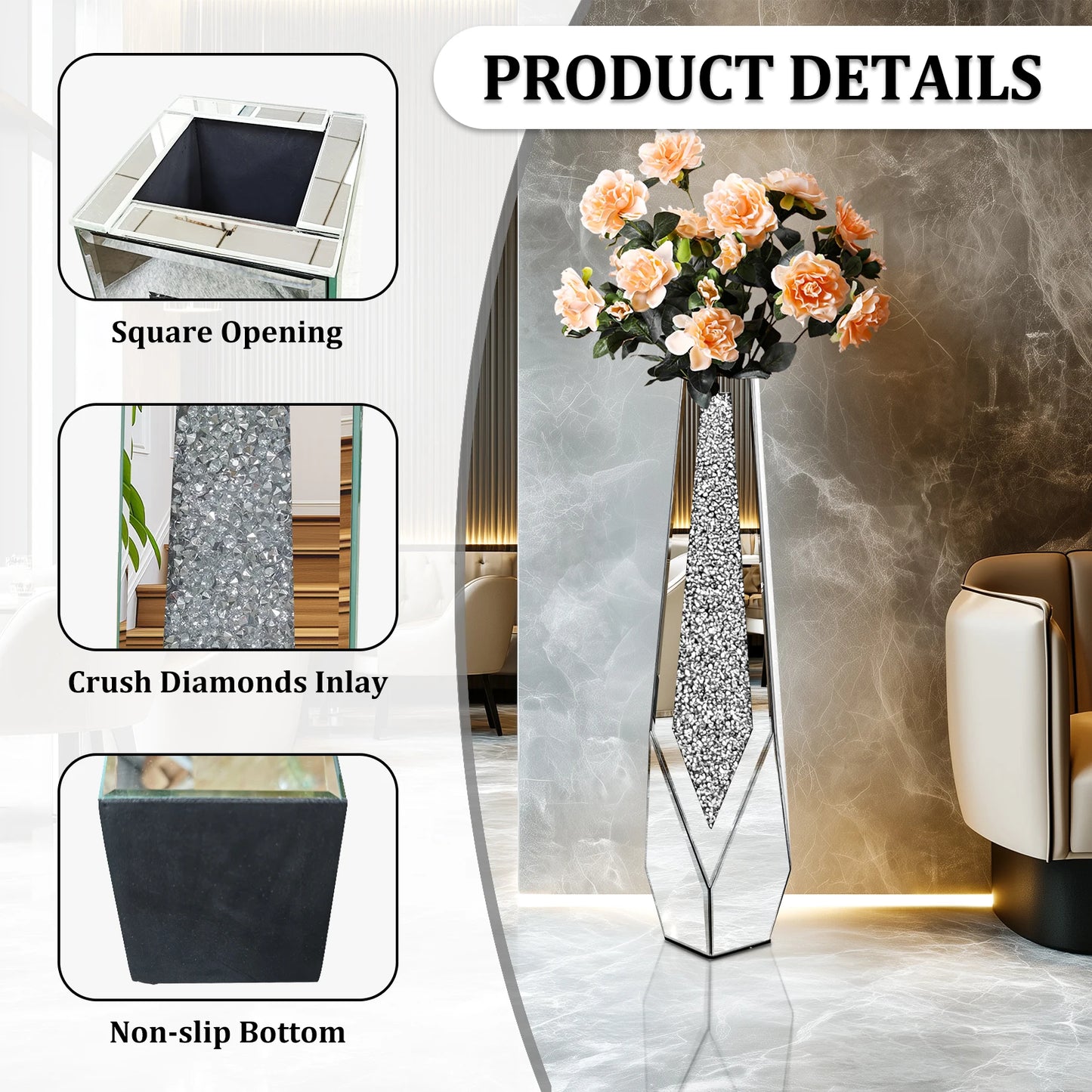 Tall Floor Mirror Vase Large Crushed Diamond Glass Vase for Home Decor Modern Crystal Centerpiece for Living Room Wedding Hotel