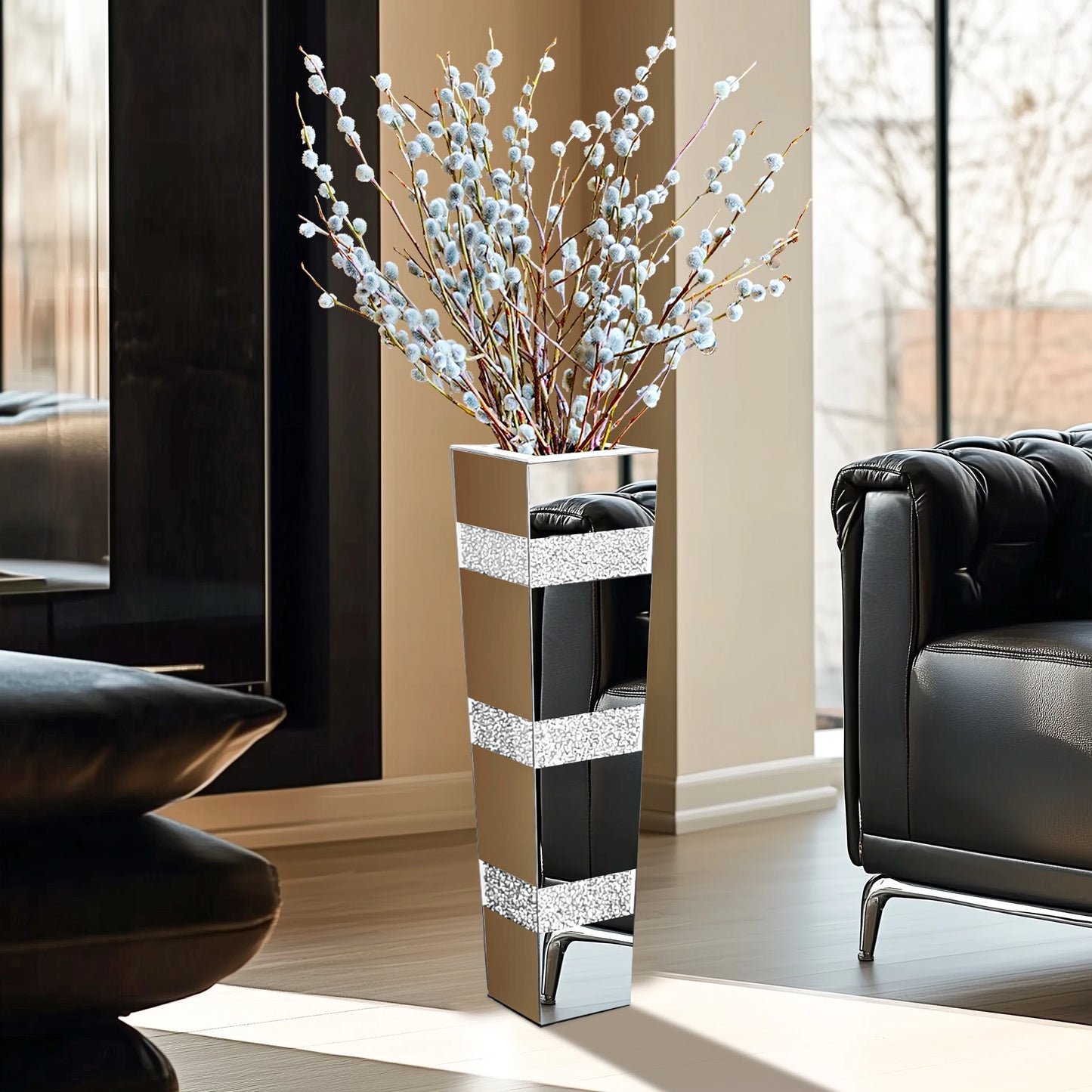 Tall Floor Mirror Vase Large Crushed Diamond Glass Vase for Home Decor Modern Crystal Centerpiece for Living Room Wedding Hotel