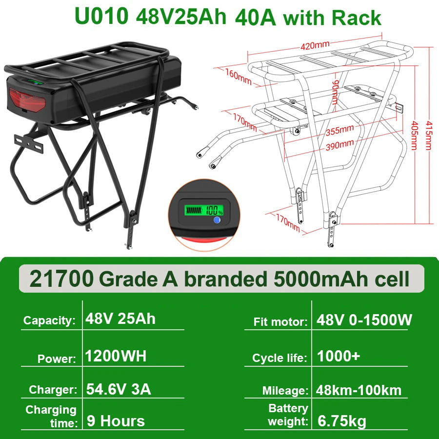 Rear Rack EBike Battery 52V 48V 27Ah 24 28 Inch Optional