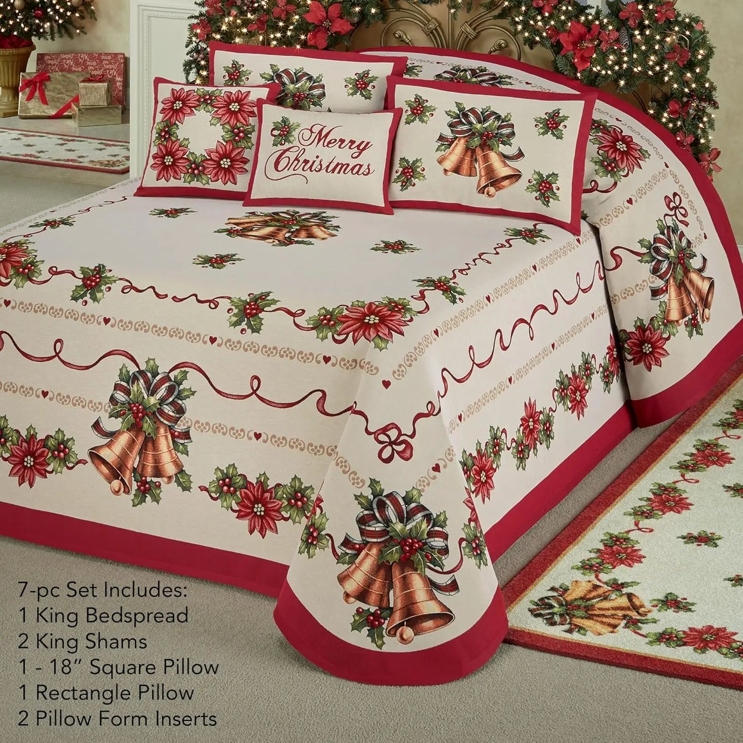 Holiday Bells Luxury Bedding Poinsettia Jacquard Tapestry