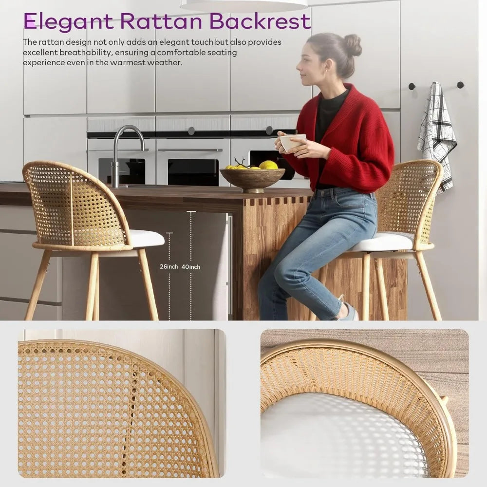 Set of 4 Rattan Swivel Bar Stools 29 White Faux Leather
