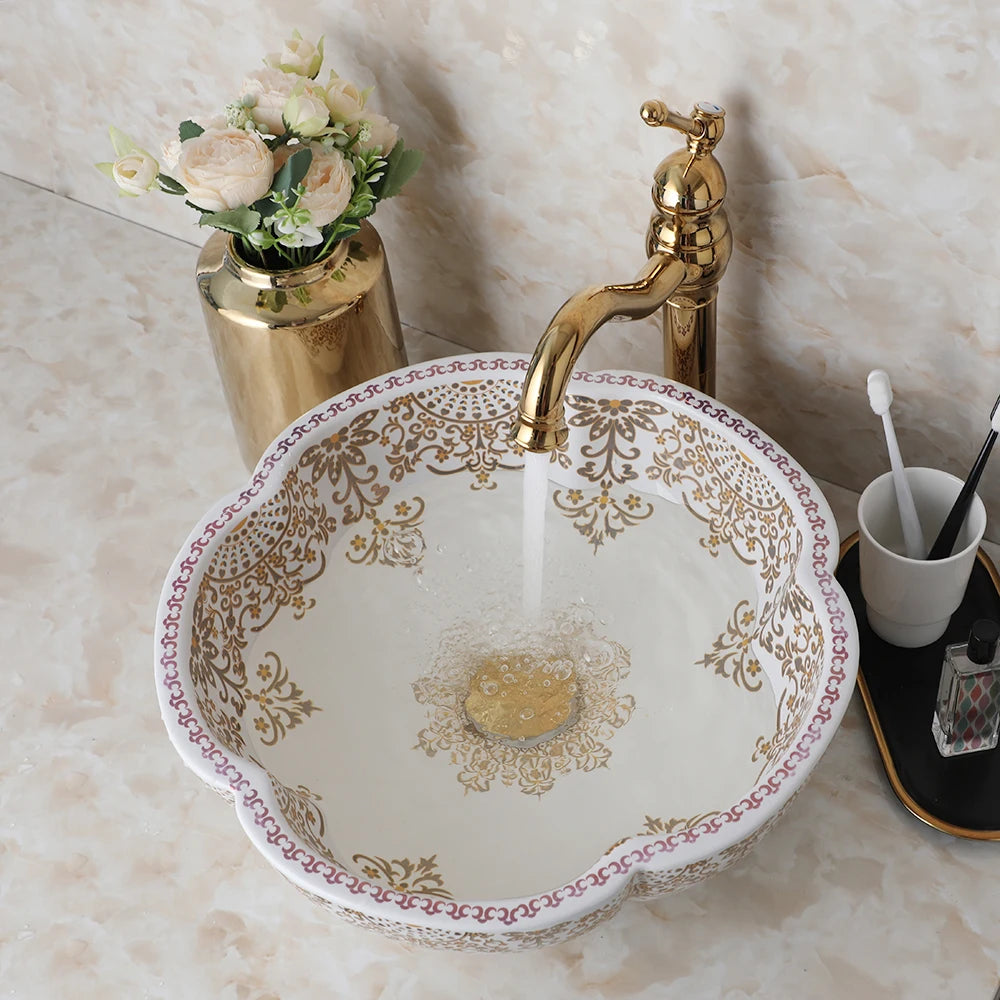 ZAPPO Ceramic Sink Above Counter Round Petal Pattern Faucet